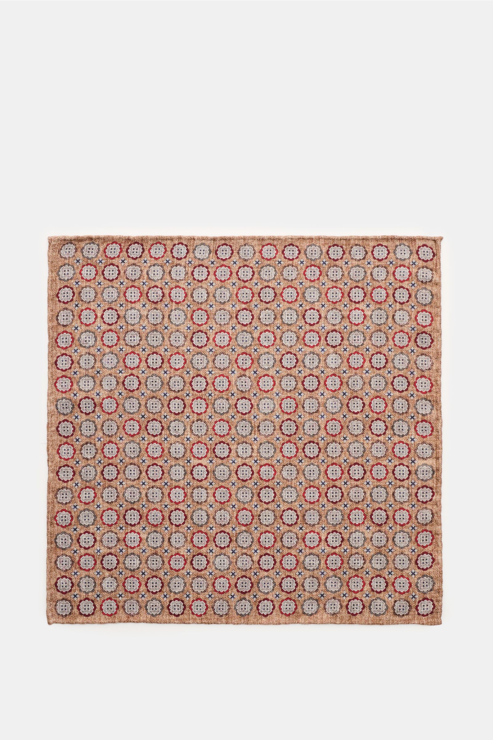 Rosi Collection Seiden-Einstecktuch 'Easy' braun/dunkelbraun/dunkelrot gemustert, reine Seide, soft, Medaillon-Print, Paisley-Rückseite, handrollierte Kanten, Made in Italy, ca. 30,5x30,5 cm, flach liegend von oben fotografiert.