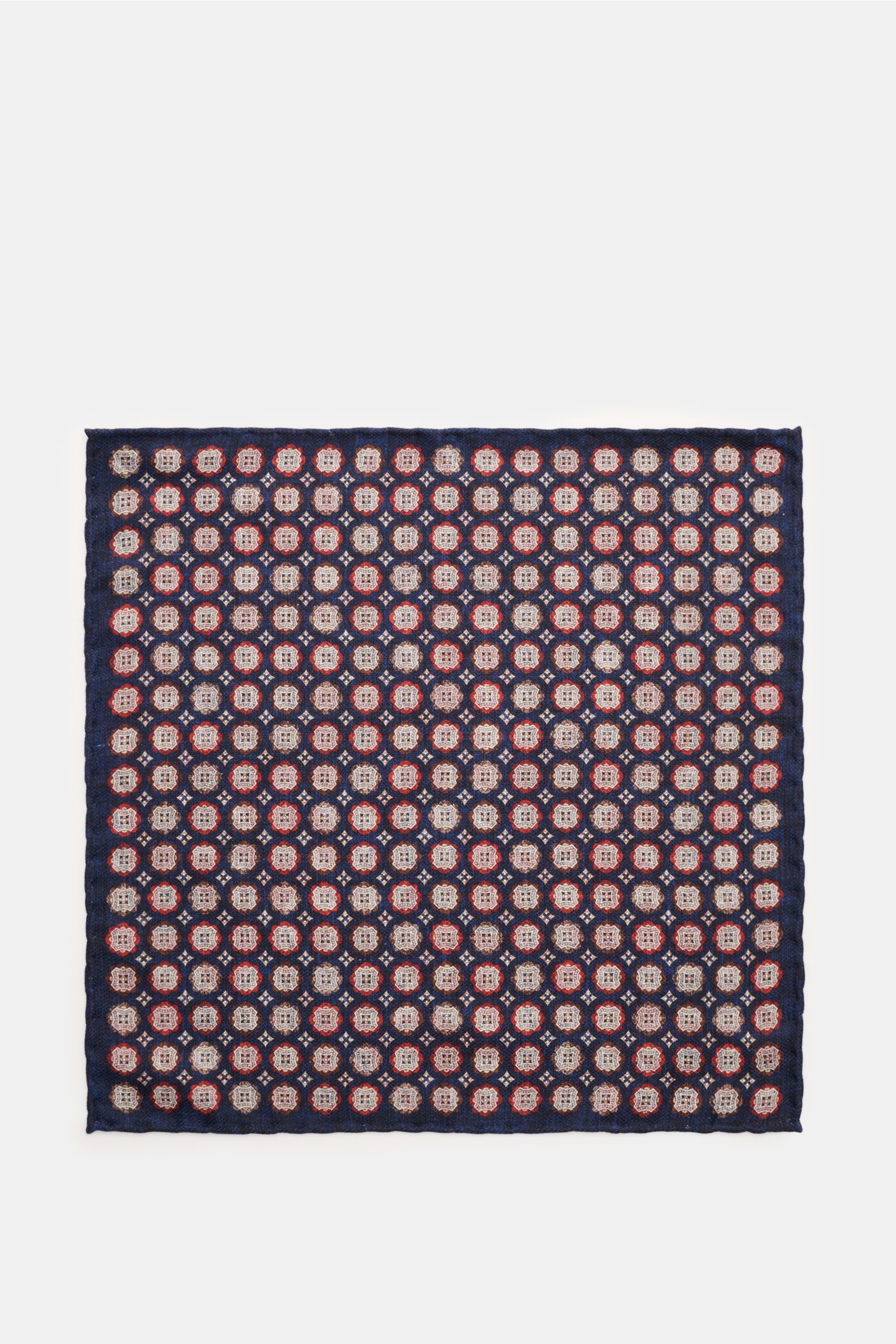 Rosi Collection Silk pocket square 'Easy' navy/dark brown/rust brown patterned, top view showing elegant medallion print, pure silk, soft smooth touch, paisley pattern on back, hand-rolled edges, made in Italy, approx. 30.5 cm x 30.5 cm.