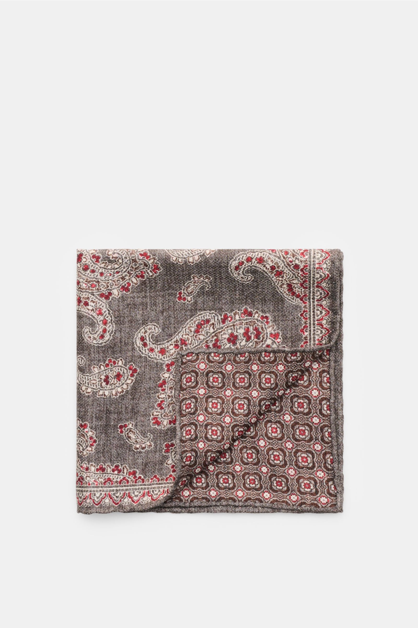 Rosi Collection Seiden-Einstecktuch 'Easy' grau/dunkelrot/dunkelbraun gemustert, reine Seide, Paisley-Muster, Kachel-Rückseite, rollierte Kanten, 31x31 cm, Made in Italy, Ansicht von oben.