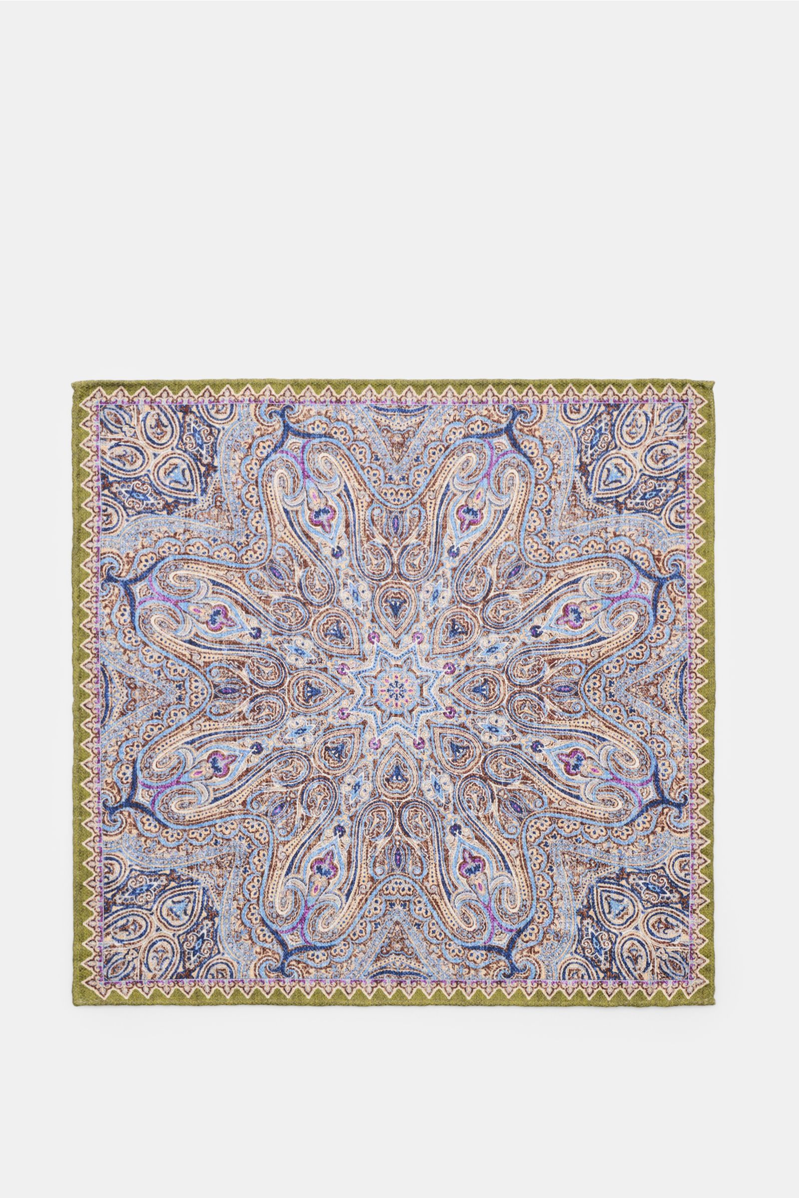 Rosi Collection Einstecktuch 'Easy' oliv/blau/beige gemustert, moderne Paisley-Muster, reine Seide, rollierte Kanten, flach fotografiert, 31x31 cm.