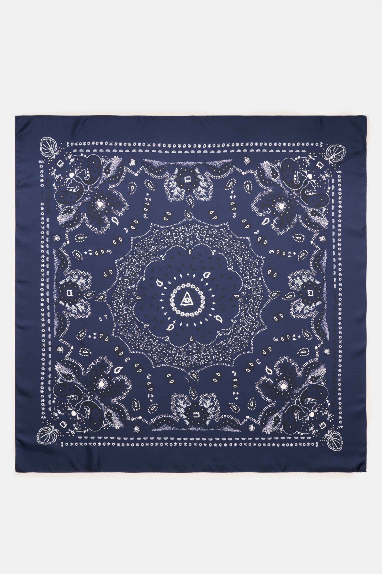 Top-down view of the Ace Denim Silk scarf navy/black/white patterned, showcasing its paisley design on pure silk fabric.

Description: 
Eye-catching for the warm season: The ACE DENIM silk scarf in a bandana design is a casual statement accessory for s