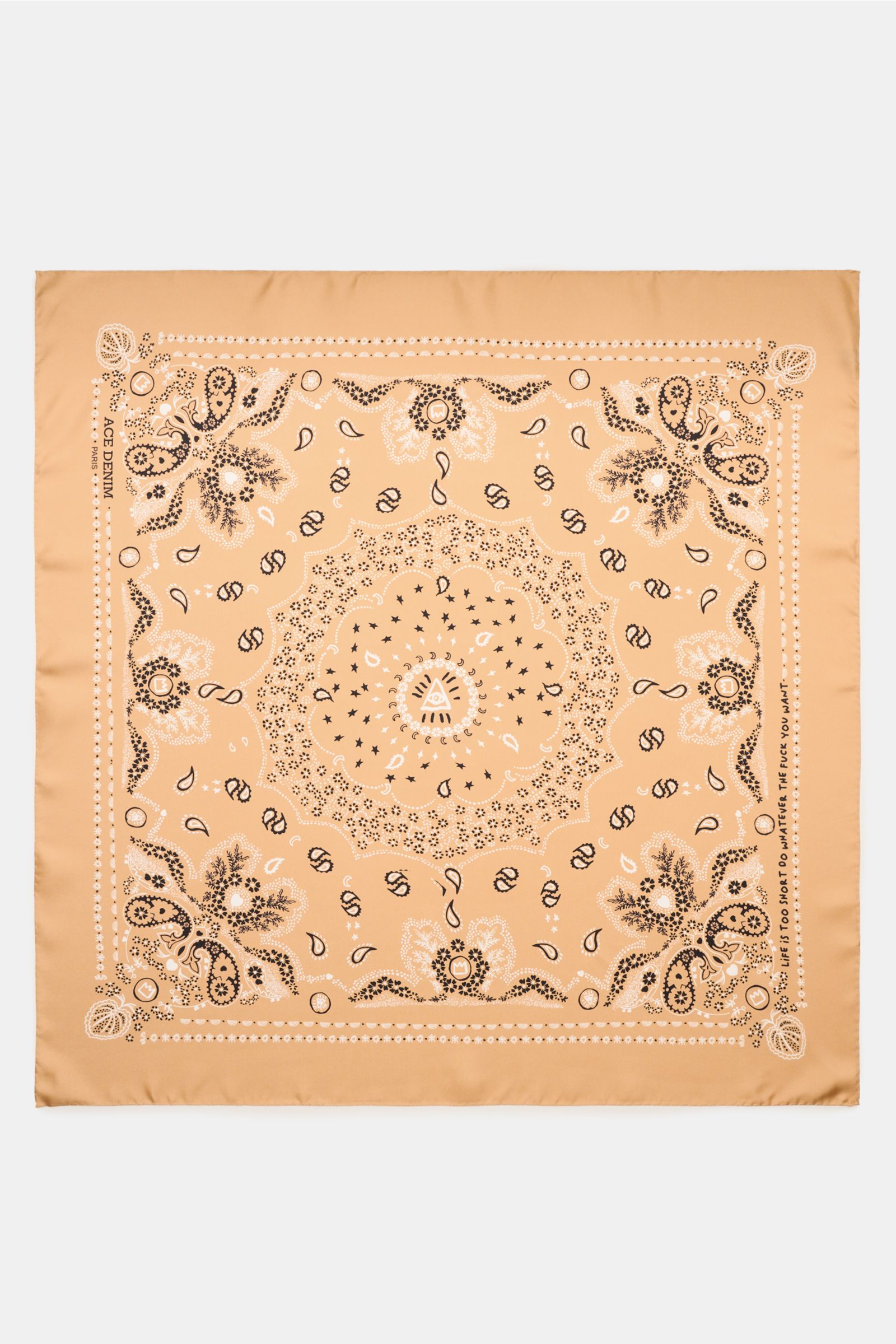 Ace Denim Silk scarf light brown/black/white patterned laid flat, top-down view showing paisley design, pure silk, soft feel, 90x90 cm, casual summer bandana accessory. Eye-catching for the warm season: The ACE DENIM silk scarf in a bandana design is a ca