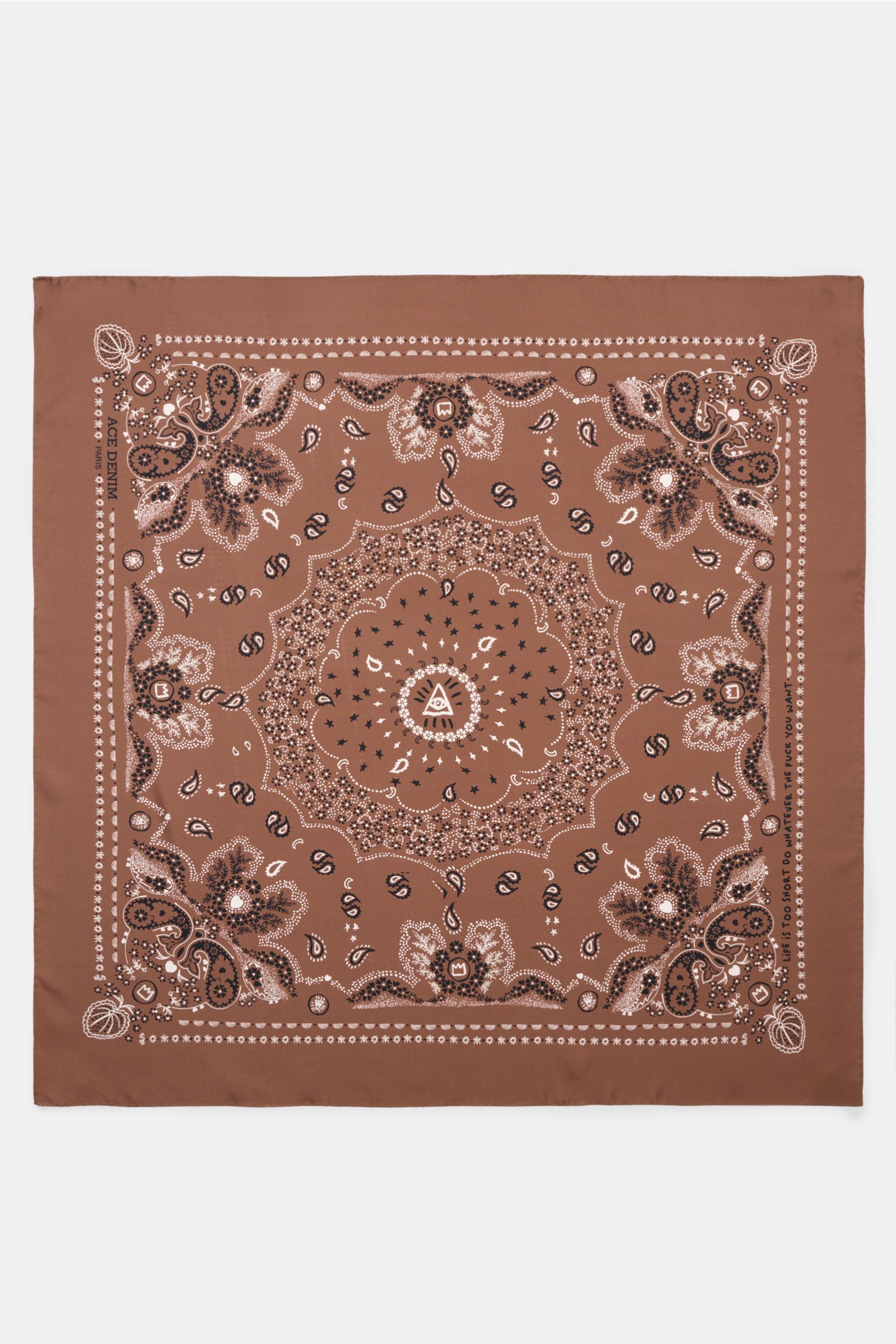 Top-down view of the Ace Denim Silk scarf brown/black/white patterned with paisley design, pure silk, soft feel, approx. 90x90 cm. Eye-catching for the warm season: The ACE DENIM silk scarf in a bandana design is a casual statement accessory for summer lo