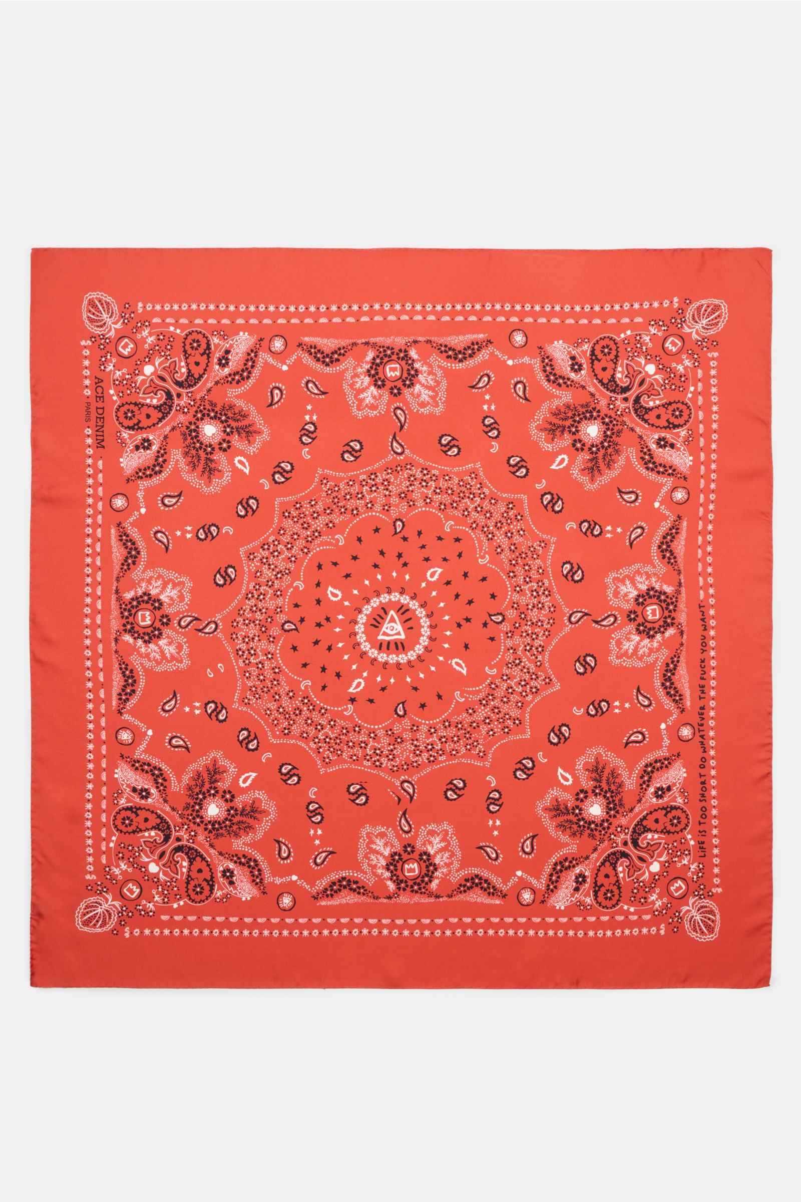 Top-down view of Ace Denim Silk scarf red/black/white patterned, a pure silk bandana with soft feel, paisley design, approx. 90x90 cm. Eye-catching for the warm season: The ACE DENIM silk scarf in a bandana design is a casual statement accessory for summe