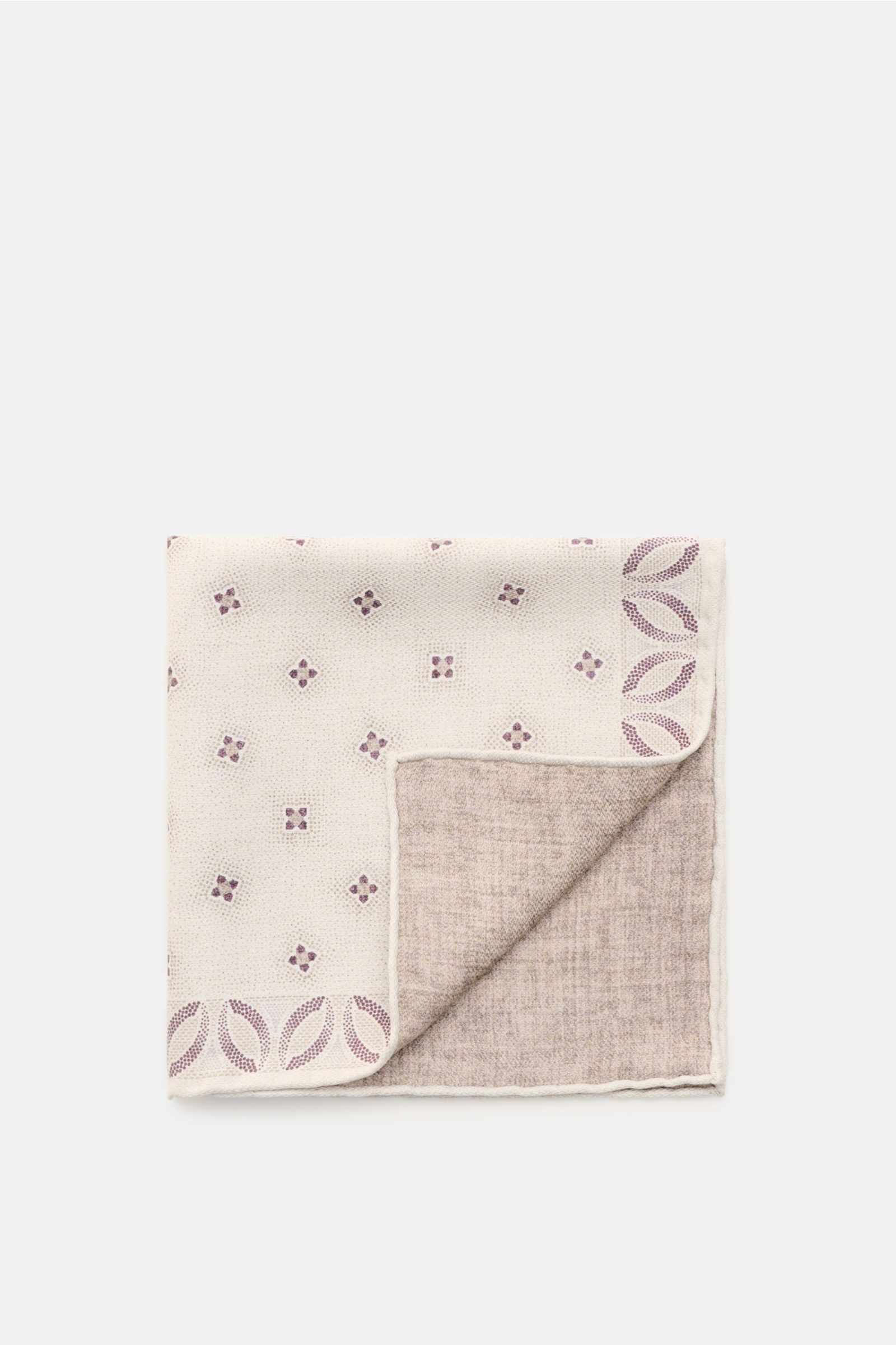 Brunello Cucinelli Seiden-Einstecktuch creme/sand/dunkel violett gemustert, reine Seide, geschmeidiger Griff, floral, handrollierte Kanten, Made in Italy, ca. 35x35 cm, von oben fotografiert.