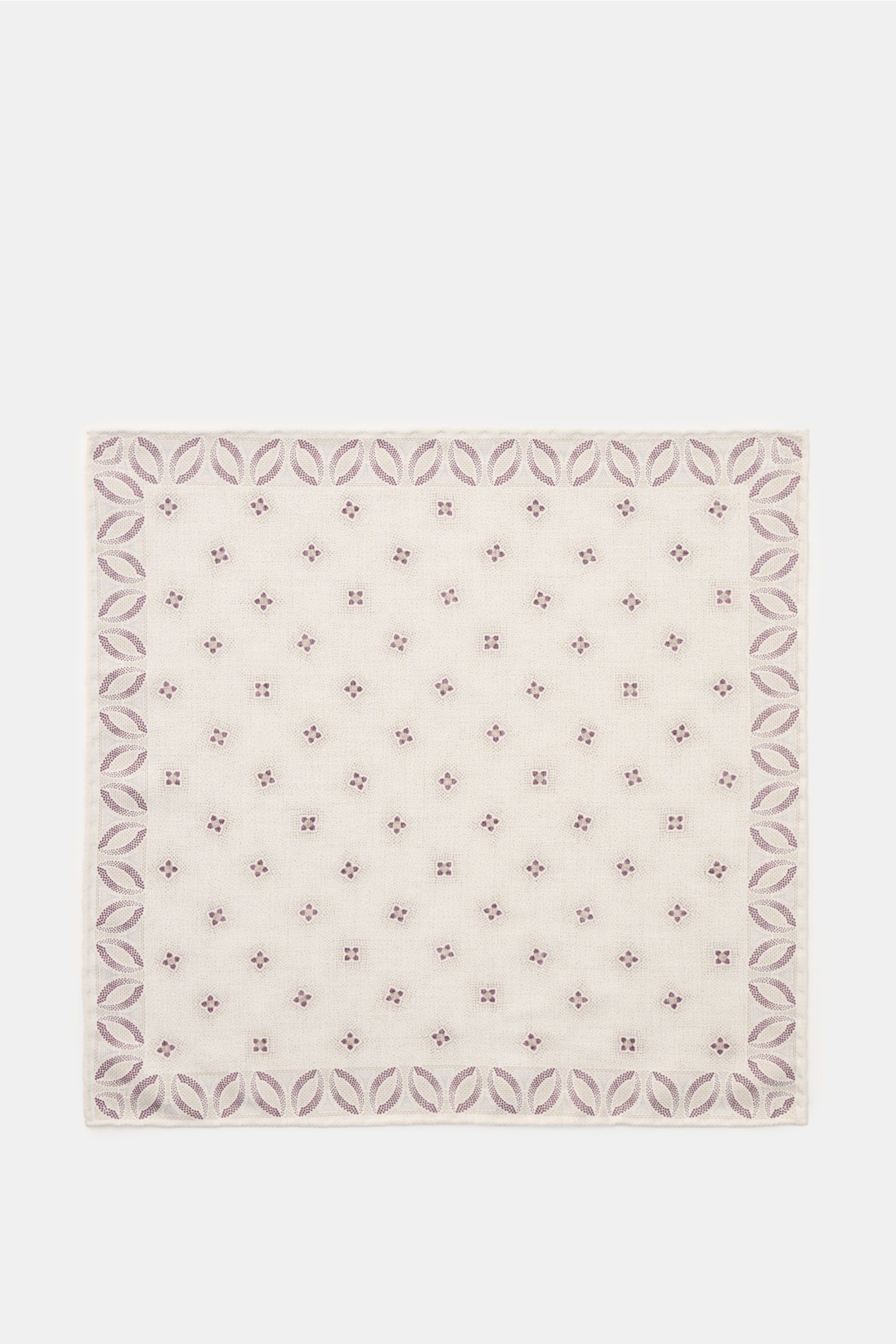 Brunello Cucinelli Seiden-Einstecktuch creme/sand/dunkel violett gemustert, floral, reine Seide, geschmeidiger Griff, handrollierte Kanten, Made in Italy, ca. 35x35 cm, flach von oben fotografiert.