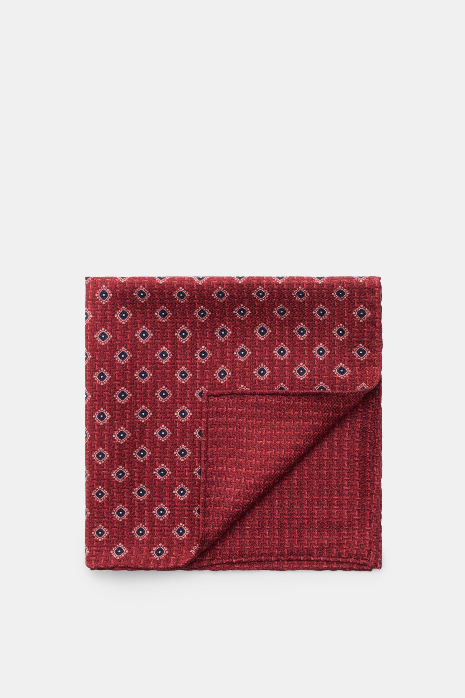 Folded Brunello Cucinelli Seiden-Einstecktuch violett/grau gemustert shown from above, featuring reine Seide, geschmeidiger Griff, Ornament-Muster, handrollierte Kanten, Made in Italy, Maße: ca. 35 cm x 35 cm.