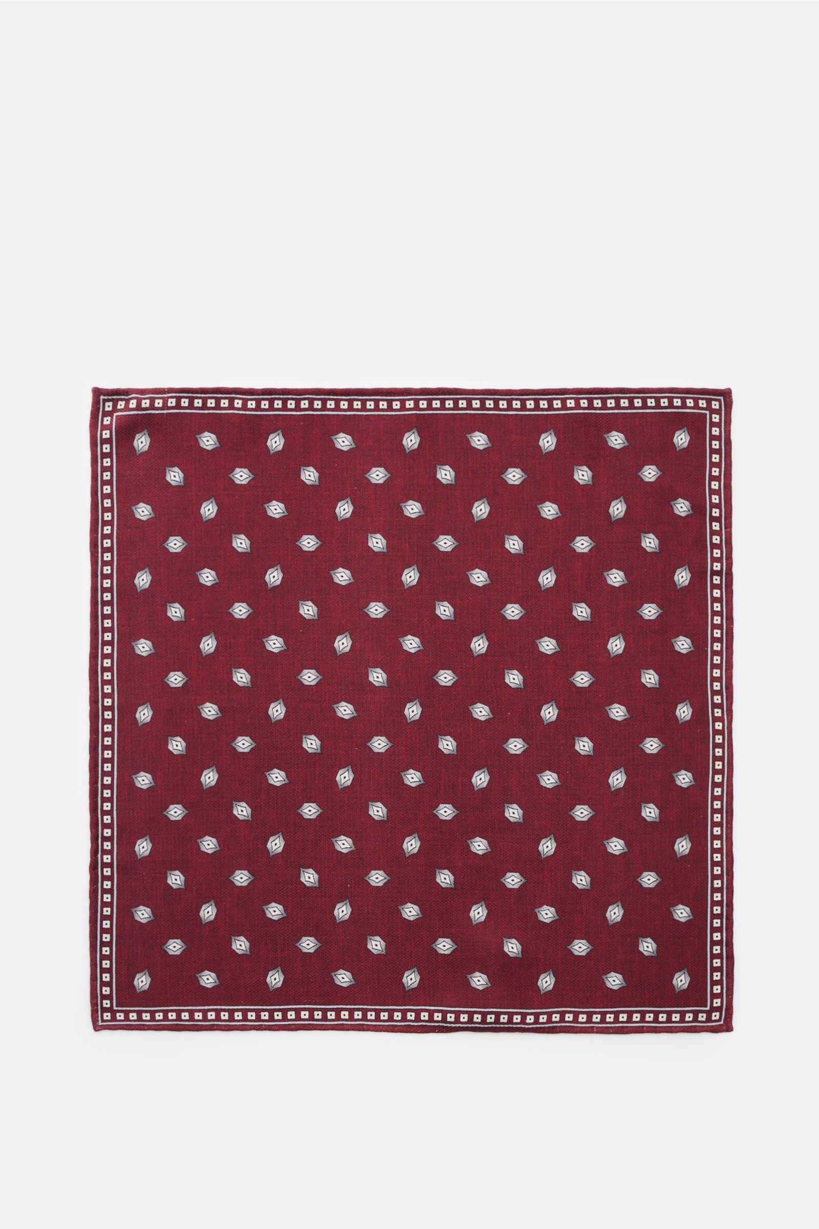 Brunello Cucinelli Seiden-Einstecktuch graugrün/grau gemustert shown from above, pure silk, smooth touch, hand-rolled edges, Made in Italy, size approx. 35 cm x 35 cm.