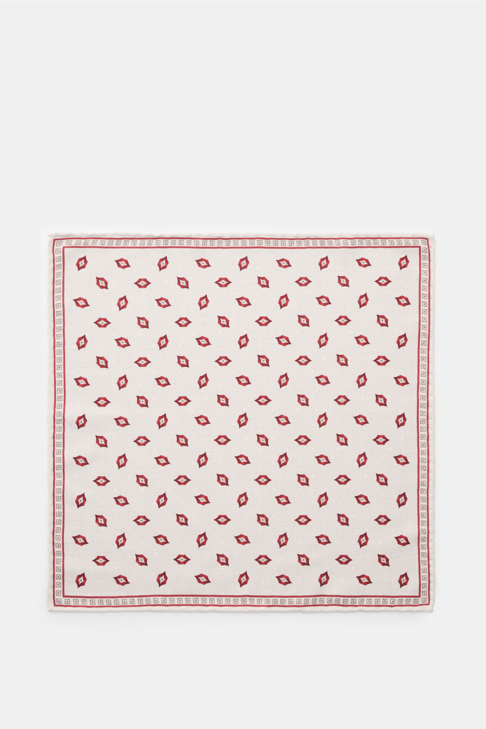 Brunello Cucinelli Seiden-Einstecktuch braun/rot/off-white gemustert, flat lay top view, reine Seide, geschmeidiger Griff, handrollierte Kanten, Made in Italy, Maße ca. 35 cm x 35 cm