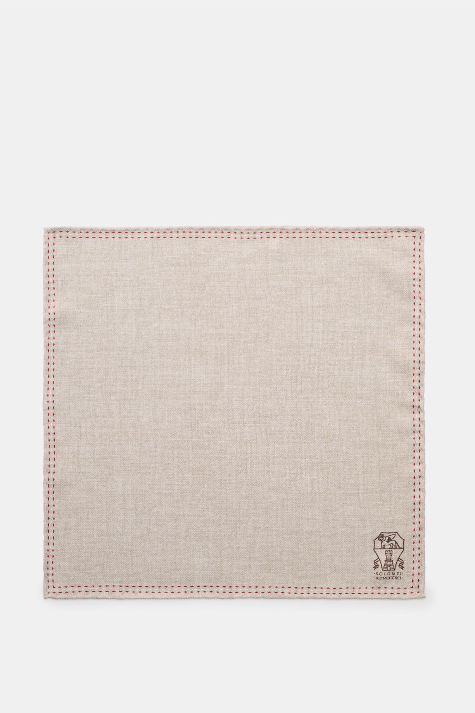 Brunello Cucinelli Seiden-Einstecktuch grau/braun meliert shown from above, pure silk, smooth feel, hand-rolled edges, Made in Italy, approx. 35 cm x 35 cm.
