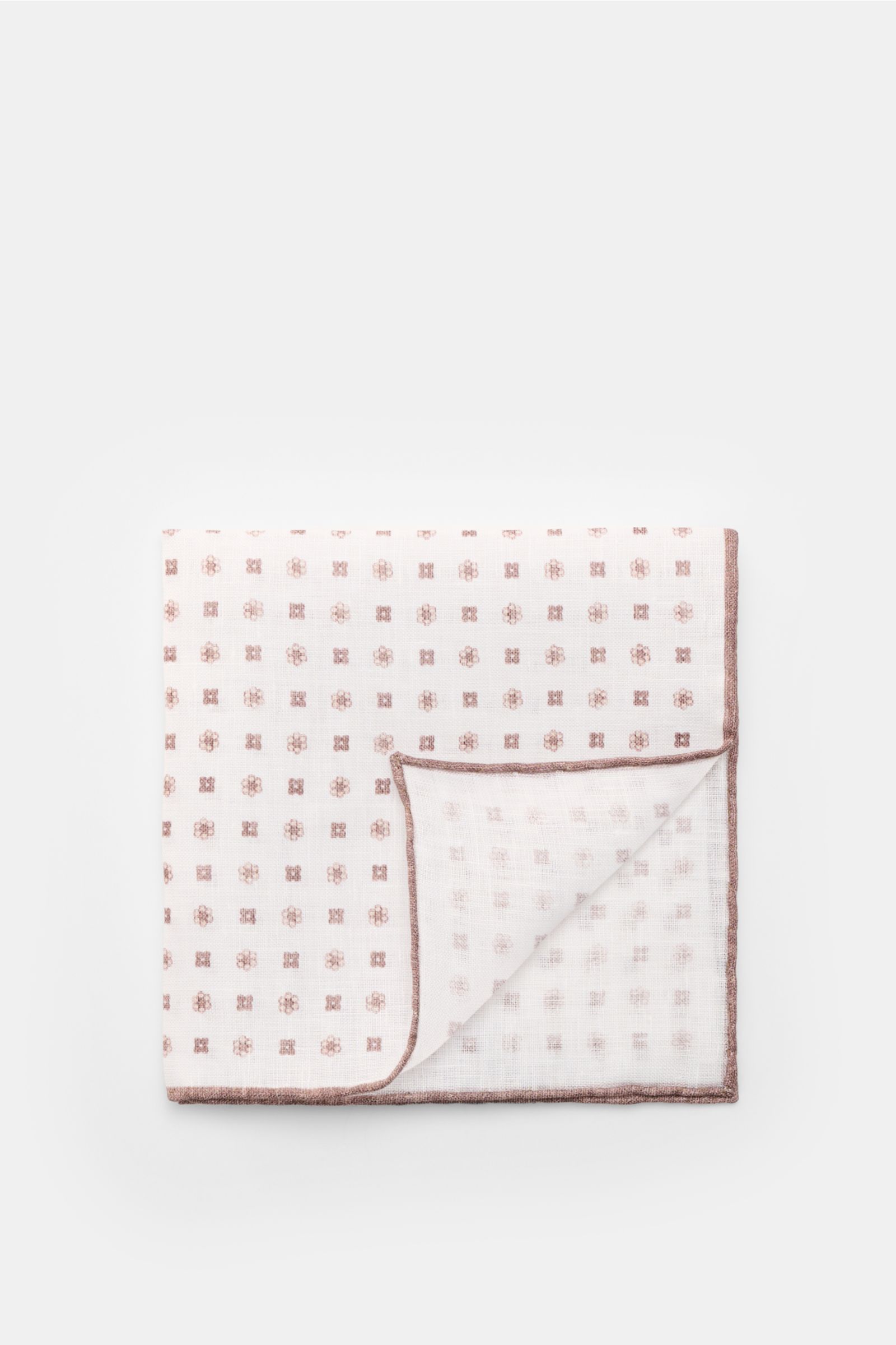 Rosi Collection Linen pocket square 'Fox' white/brown patterned shown from top, pure linen, soft feel, floral print, rolled edges, made in Italy, 31.5 cm x 31.5 cm.