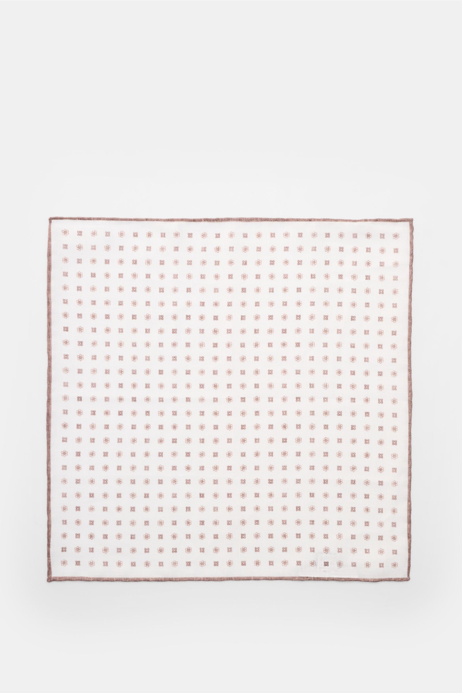 Rosi Collection Linen pocket square 'Fox' white/brown patterned, pure linen with soft feel, floral print, rolled edges, made in Italy, 31.5x31.5 cm, flat lay top view.