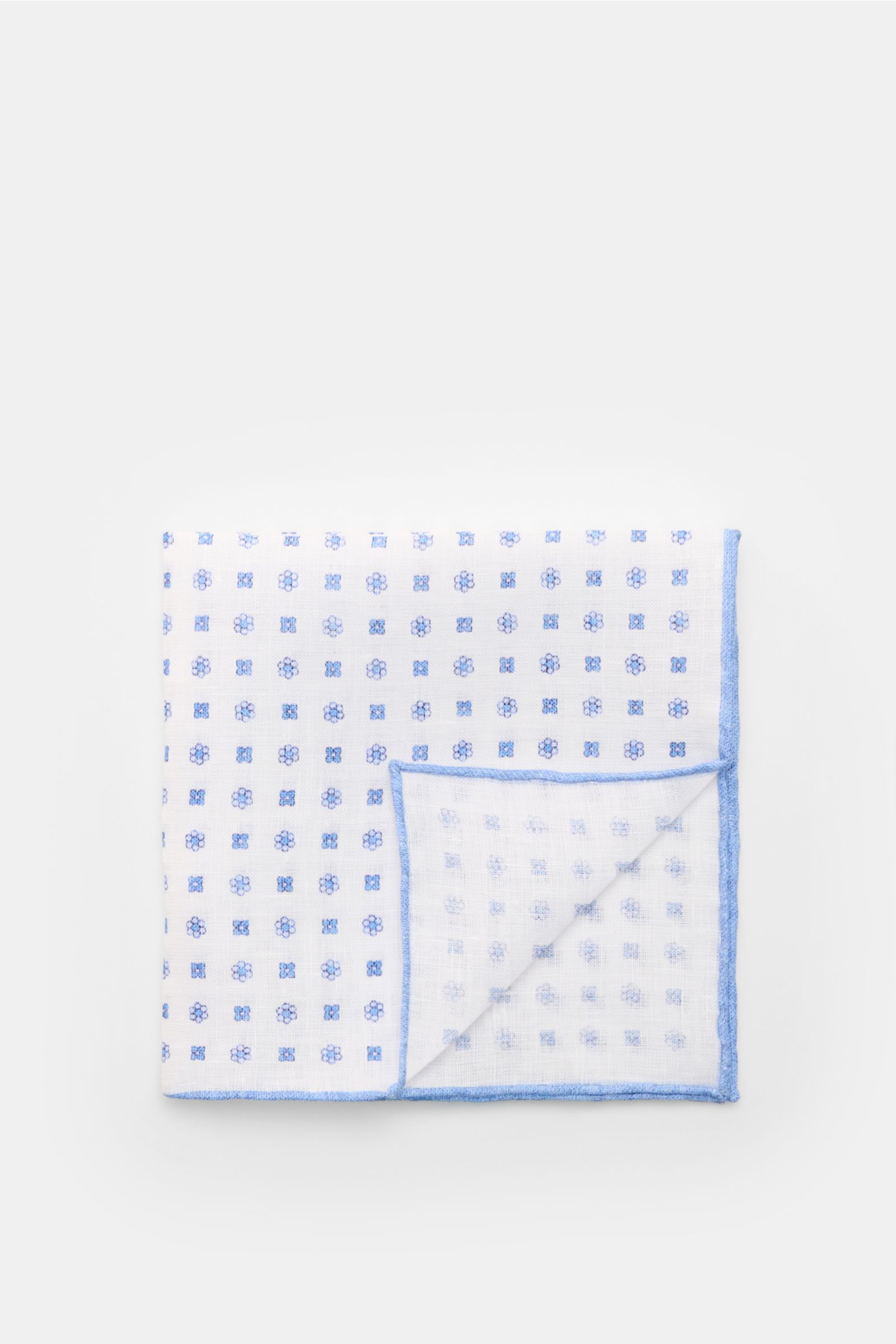 Rosi Collection Linen pocket square 'Fox' white/blue patterned, top-down view, pure linen, soft feel, floral print, rolled edges, made in Italy, 31.5x31.5 cm.