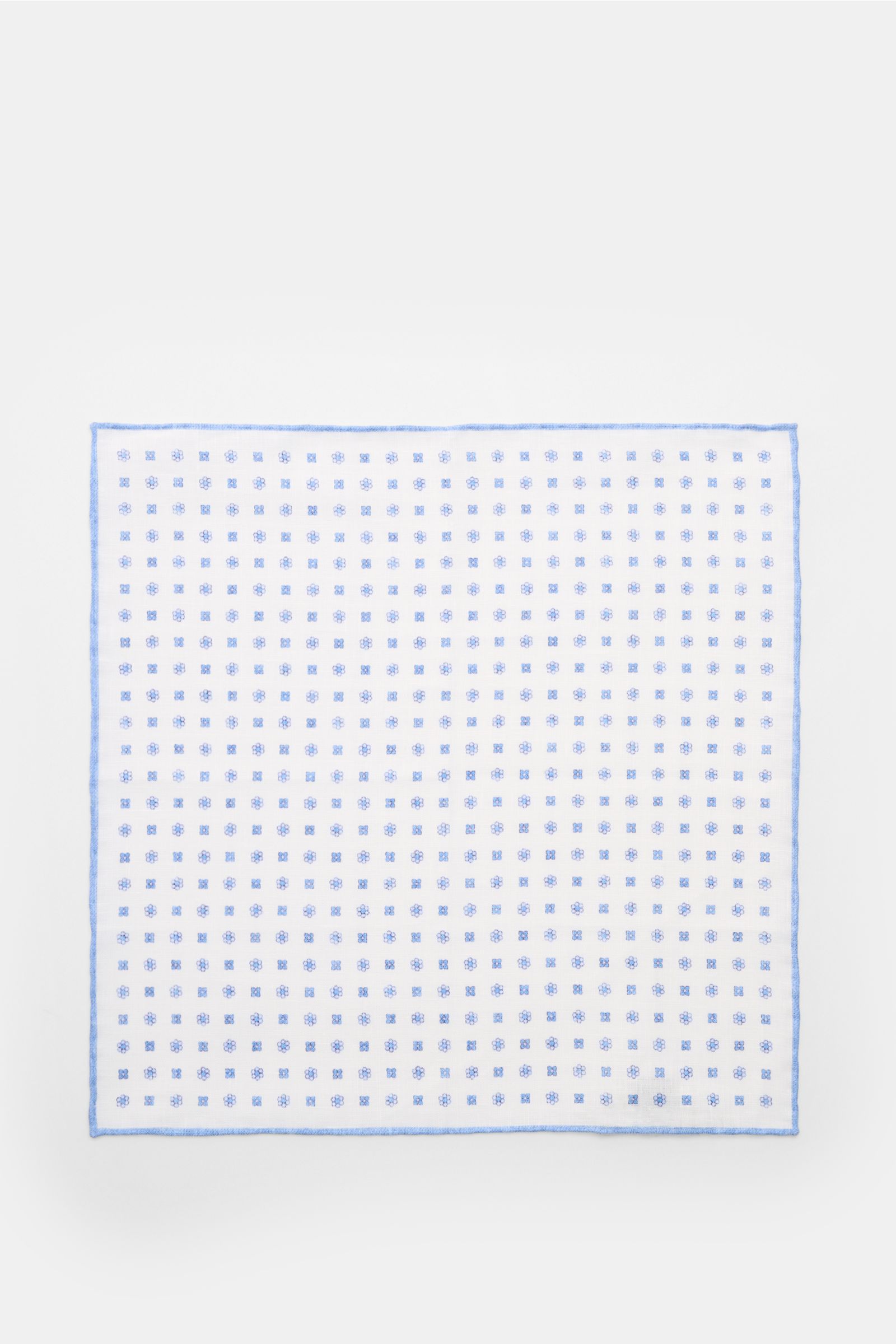 Rosi Collection Linen pocket square 'Fox' white/blue patterned, top-down view, pure linen, soft feel, floral print, rolled edges, made in Italy, 31.5 cm x 31.5 cm.
