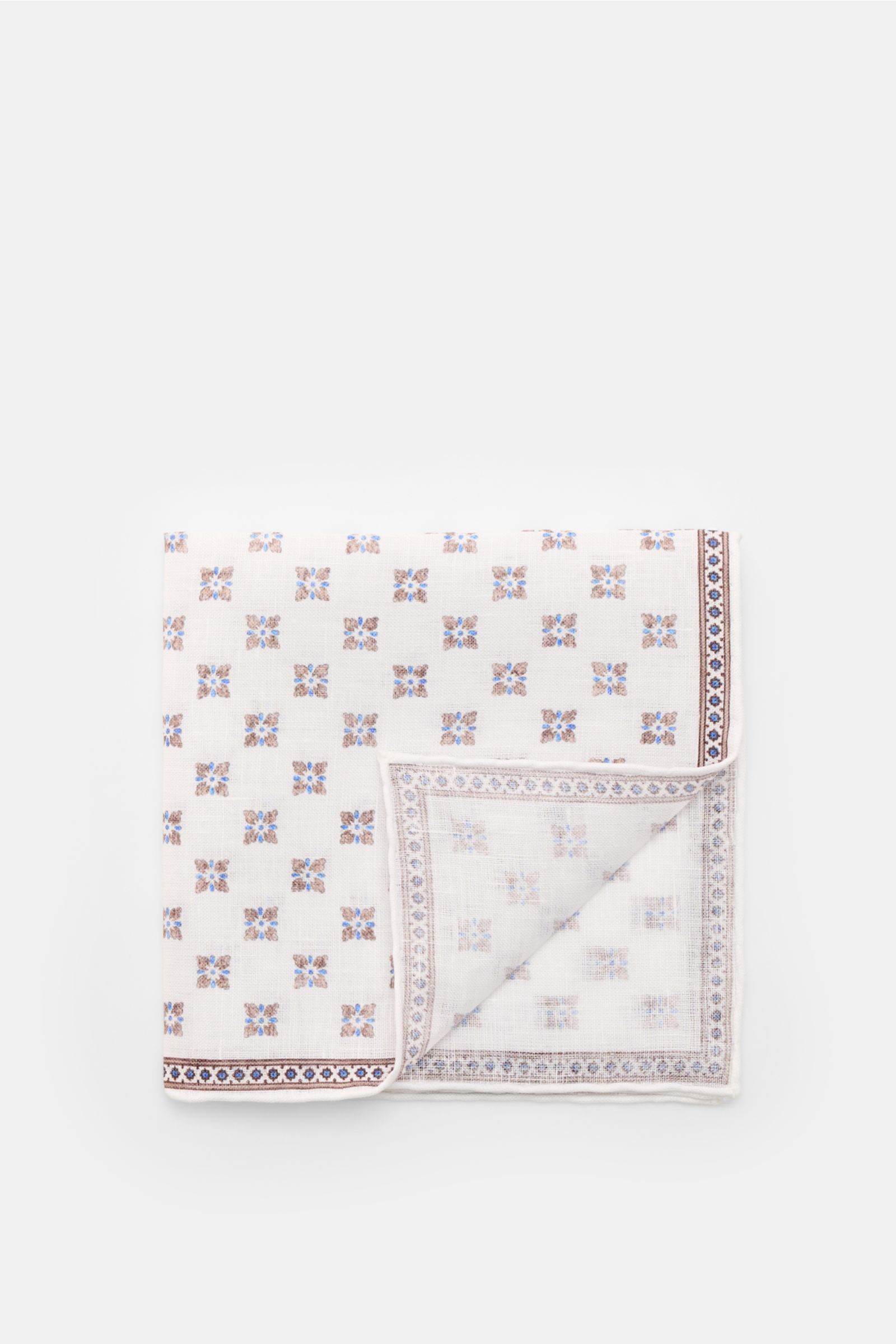 Rosi Collection Linen pocket square 'Fox' white/brown/blue patterned, pure linen, soft feel, floral print with edging, rolled edges, made in Italy, 31x31 cm, top-down view.