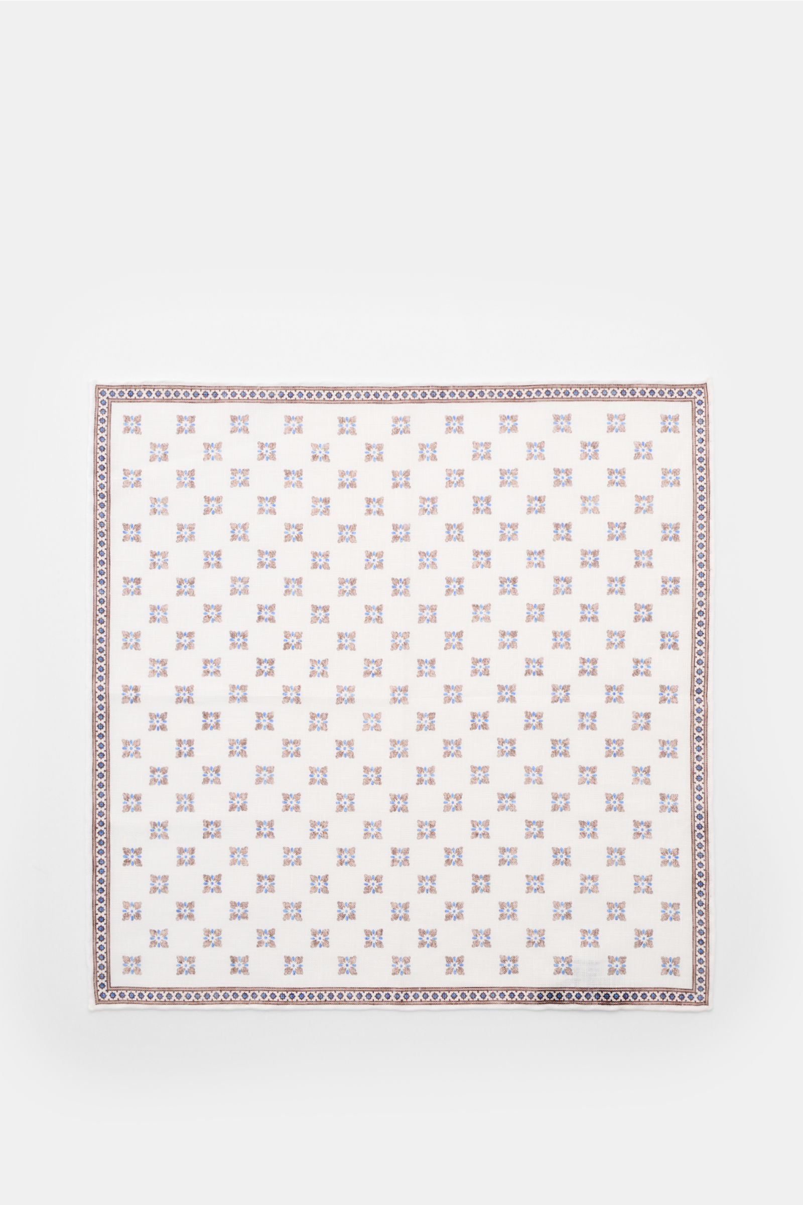 Rosi Collection Linen pocket square 'Fox' white/brown/blue patterned, pure linen with soft feel, floral print, rolled edges, made in Italy, 31x31 cm, top-down view.