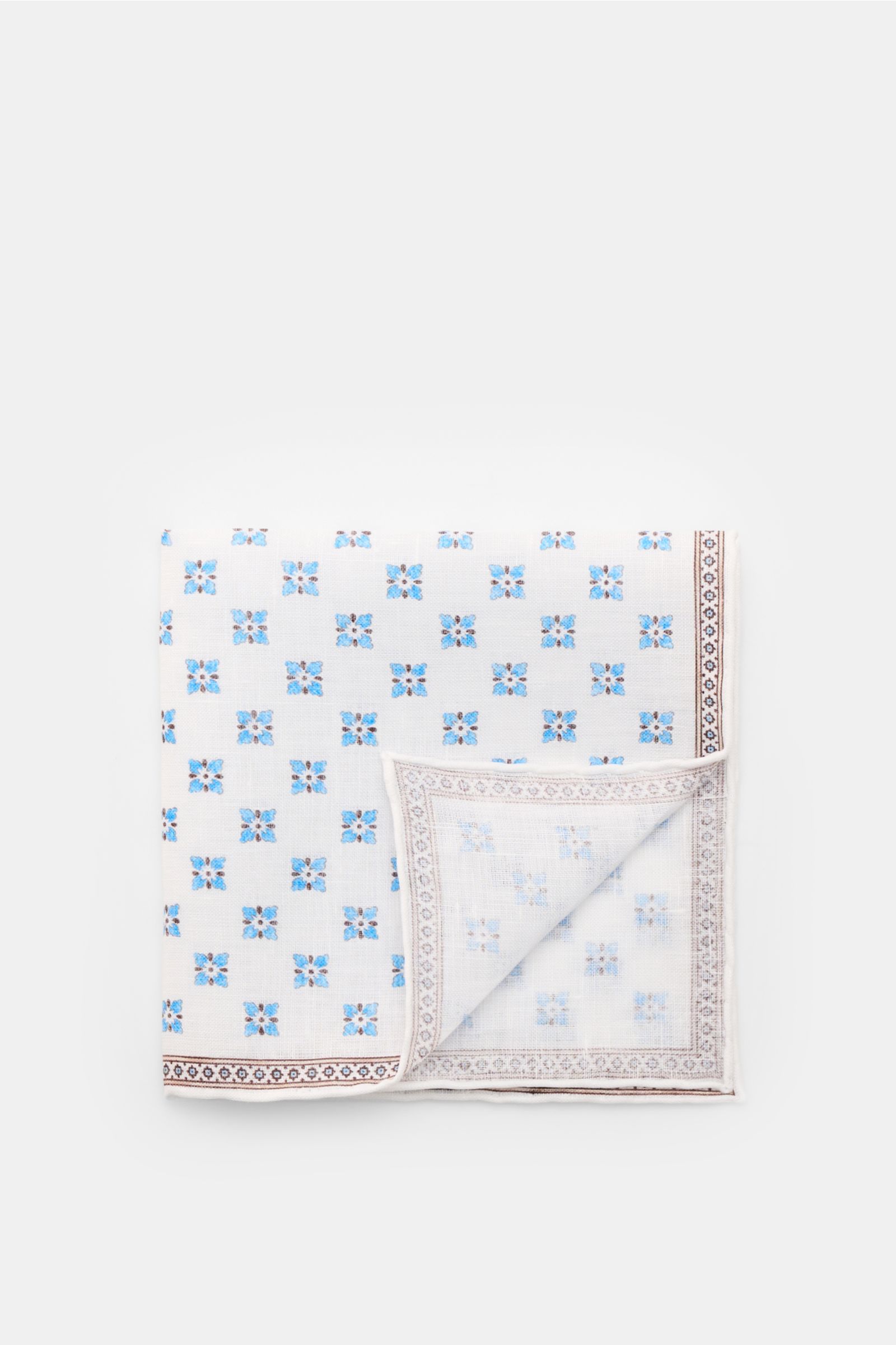 Rosi Collection Linen pocket square 'Fox' white/brown/blue patterned, pure linen, soft feel, floral print with edging, rolled edges, made in Italy, 31x31 cm, top-down view.