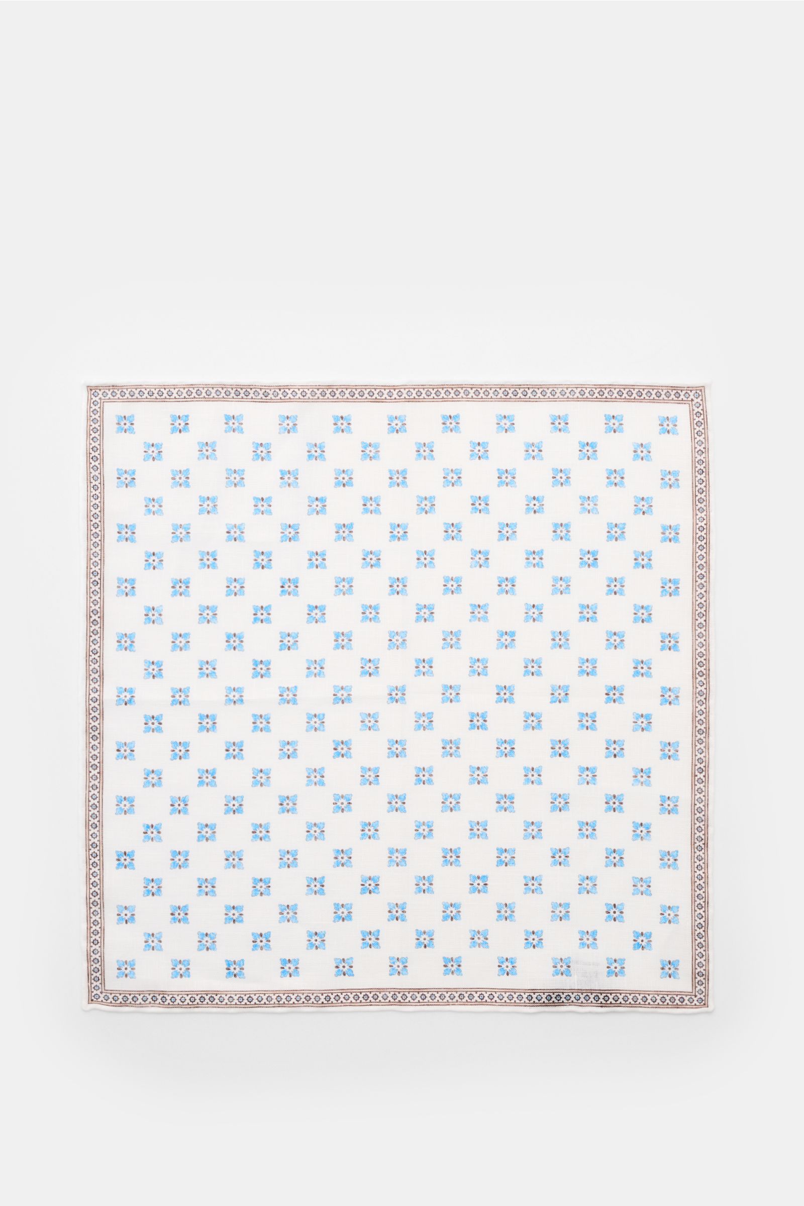 Rosi Collection Linen pocket square 'Fox' white/brown/blue patterned, photographed from above, pure linen, soft feel, floral print with edging, rolled edges, made in Italy, dimensions 31 cm x 31 cm.