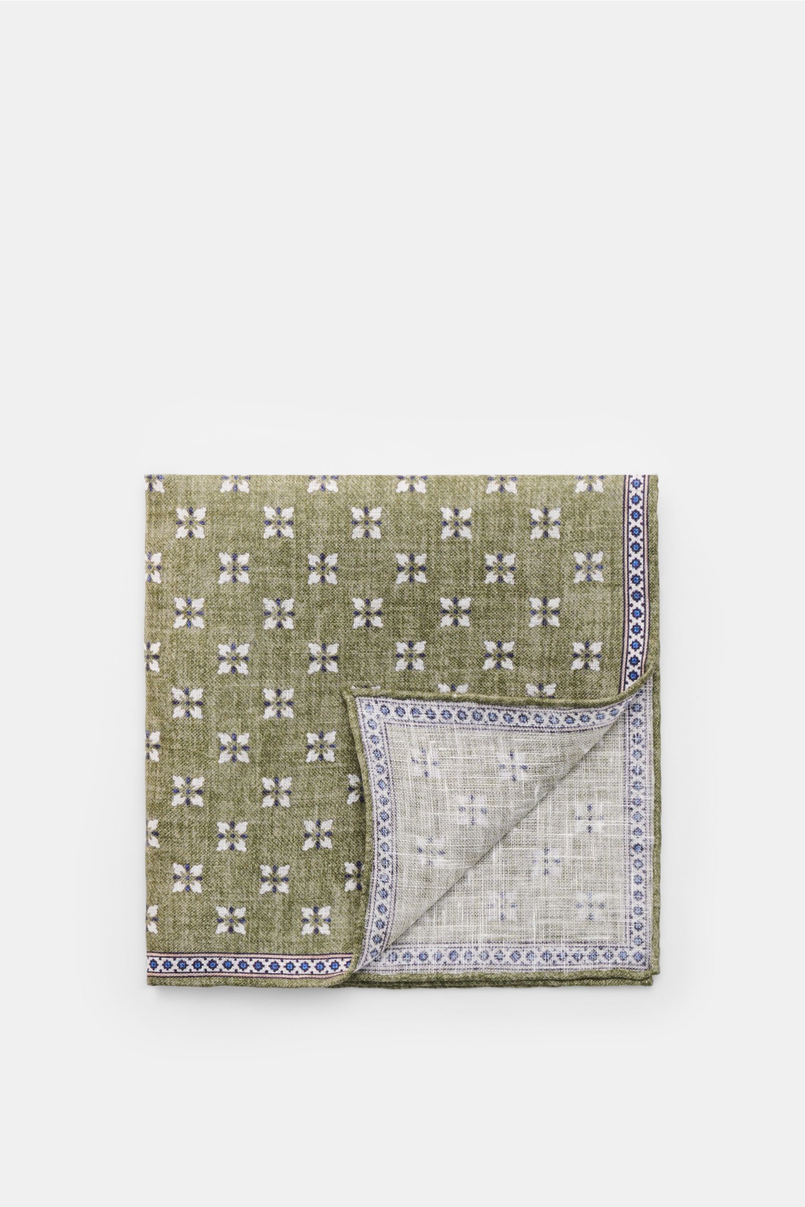 Rosi Collection Linen pocket square 'Fox' olive/dark blue/white patterned, folded with corner flipped, top-down view, pure linen, soft feel, floral print with edging, rolled edges, made in Italy, dimensions 31 cm x 31 cm.