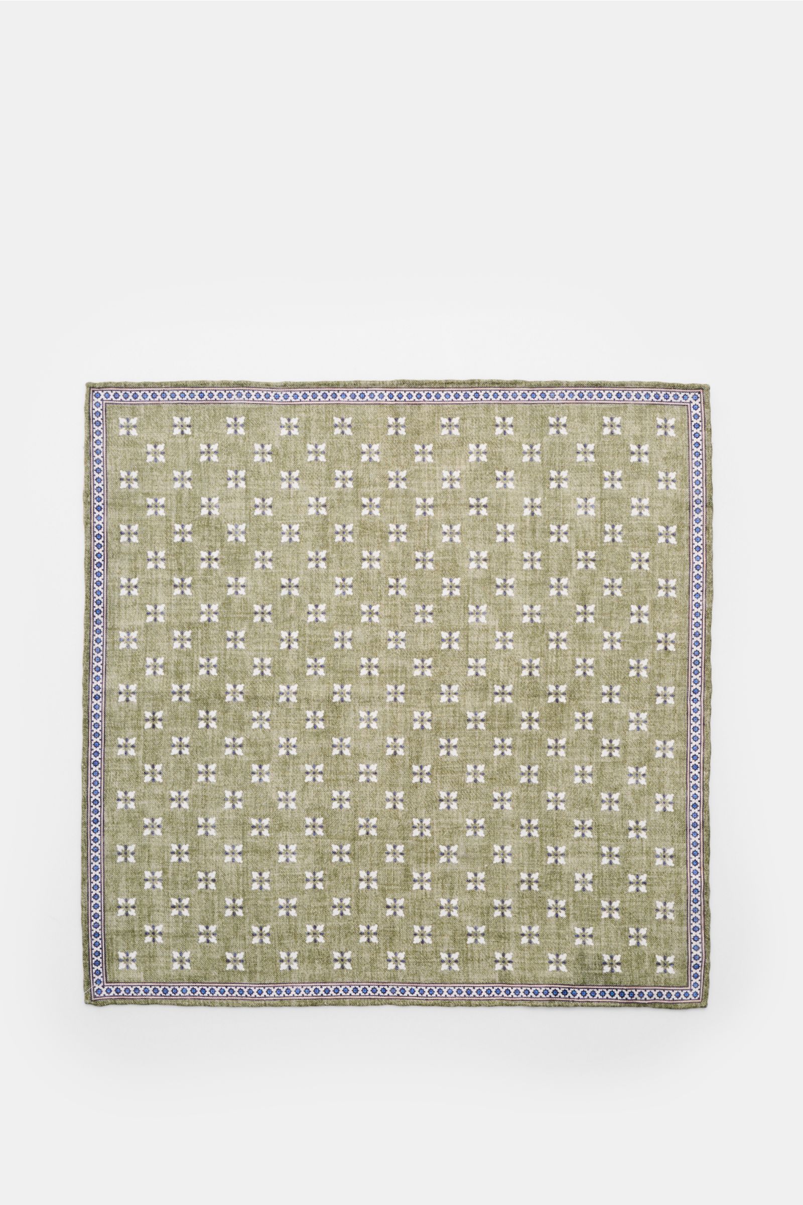 Rosi Collection Linen pocket square 'Fox' olive/dark blue/white patterned, flat lay from above, pure linen, soft feel, floral print with edging, rolled edges, made in Italy, 31 cm x 31 cm.