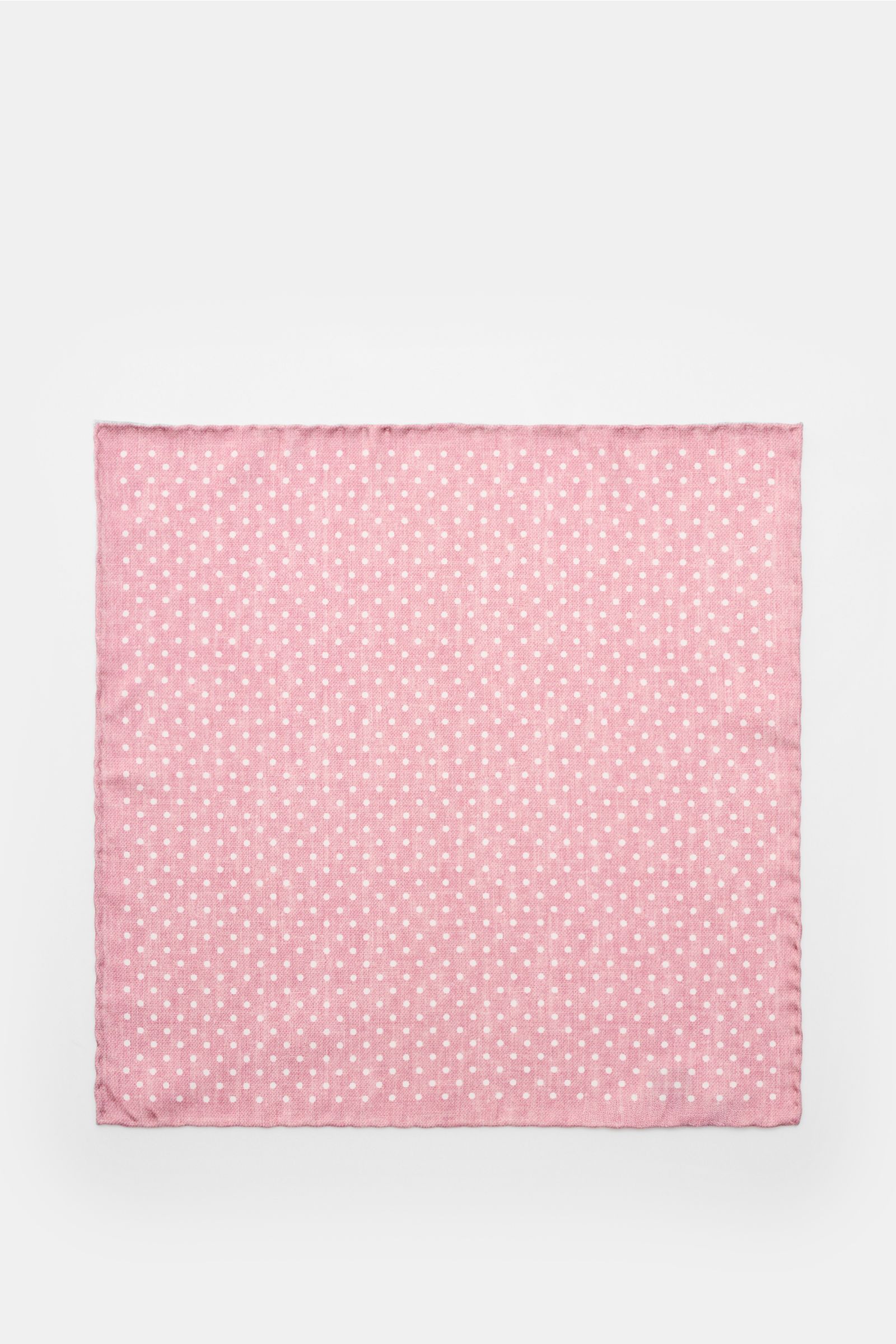 Rosi Collection Silk pocket square 'Silk' antique pink/white with polka dots shown from top view, pure silk, soft smooth touch, rolled edges, made in Italy, approx. 31 cm x 31 cm.
