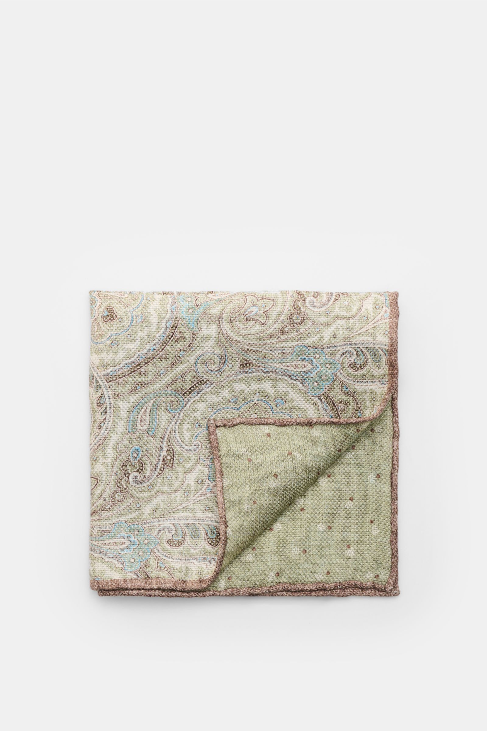 Top-down view of Rosi Collection Einstecktuch 'Joy' salbei/hellblau/braun gemustert pocket square with paisley pattern on front and dotted pattern on back, silk-linen blend, rolled edges, approx. 30x30 cm, made in Italy.

Description: 
Eleganter Eyecat