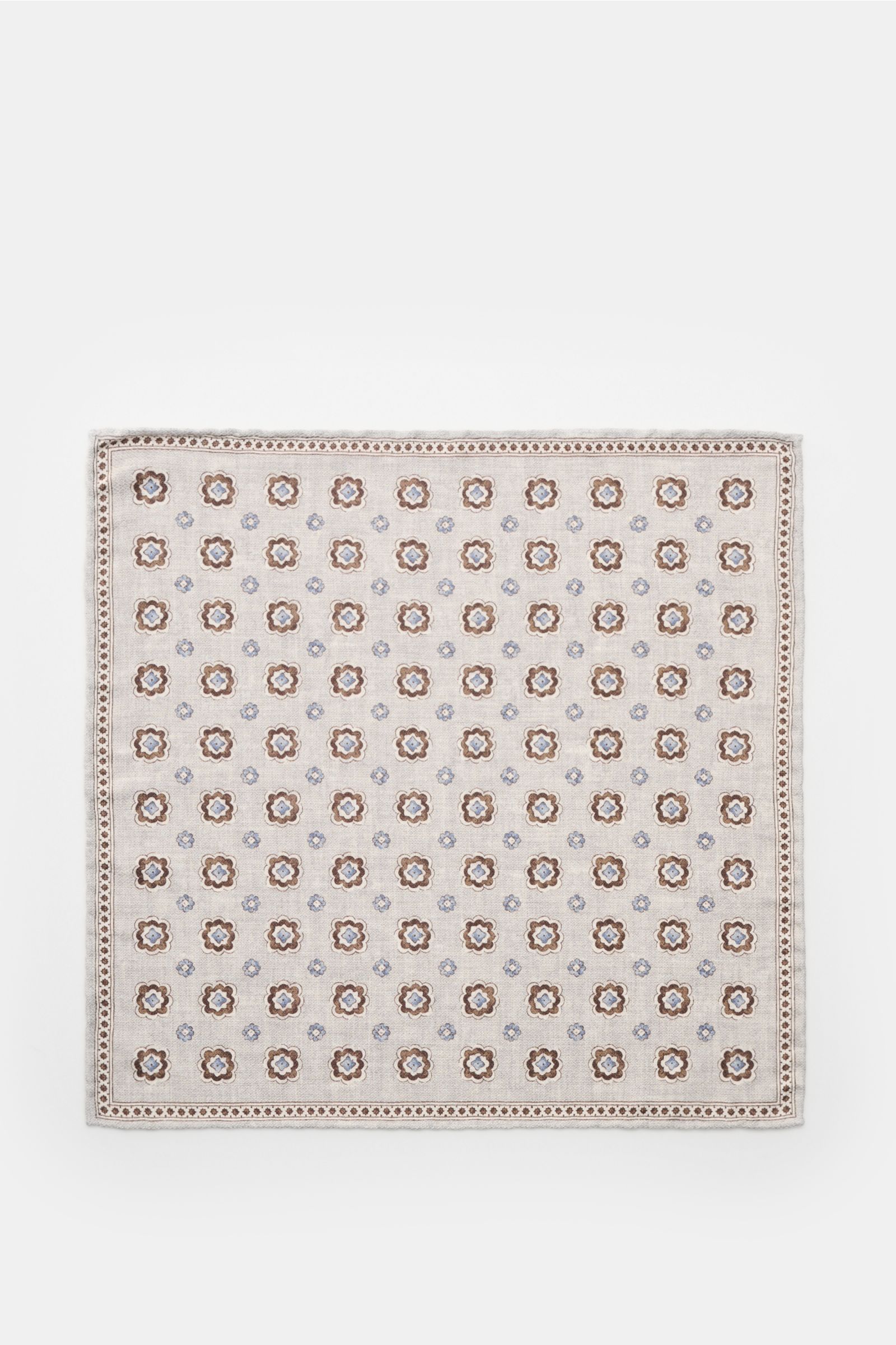 Rosi Collection Seiden-Einstecktuch 'Easy' grau/braun/rauchblau gemustert, reine Seide, Medaillon-Print, florale Rückseite, rollierte Kanten, ca. 31x31 cm, Made in Italy, Draufsicht