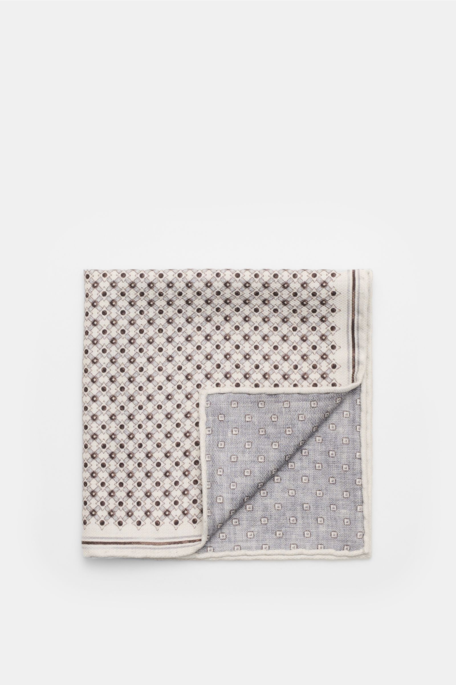 Brunello Cucinelli Seiden-Einstecktuch sand/dunkelbraun/grau gemustert, quadratisch, mit grafischem Print, weicher Griff, Vorder- und Rückseite, rollierte Kanten.