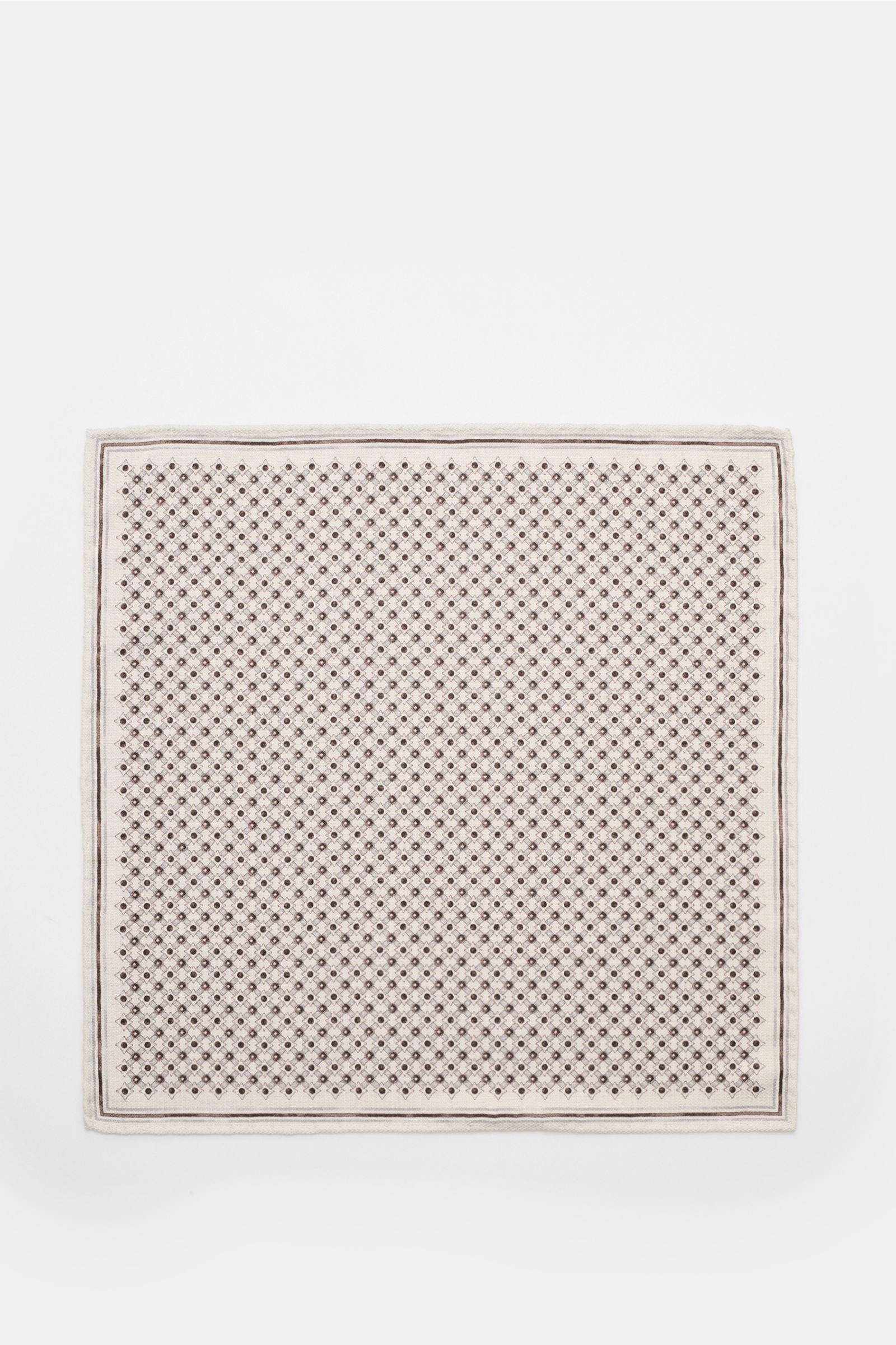 Brunello Cucinelli Seiden-Einstecktuch sand/dunkelbraun/grau gemustert, quadratisch, flach liegend, reine Seide, grafischer Print, rollierte Kanten, 34,5x34,5 cm, Made in Italy.