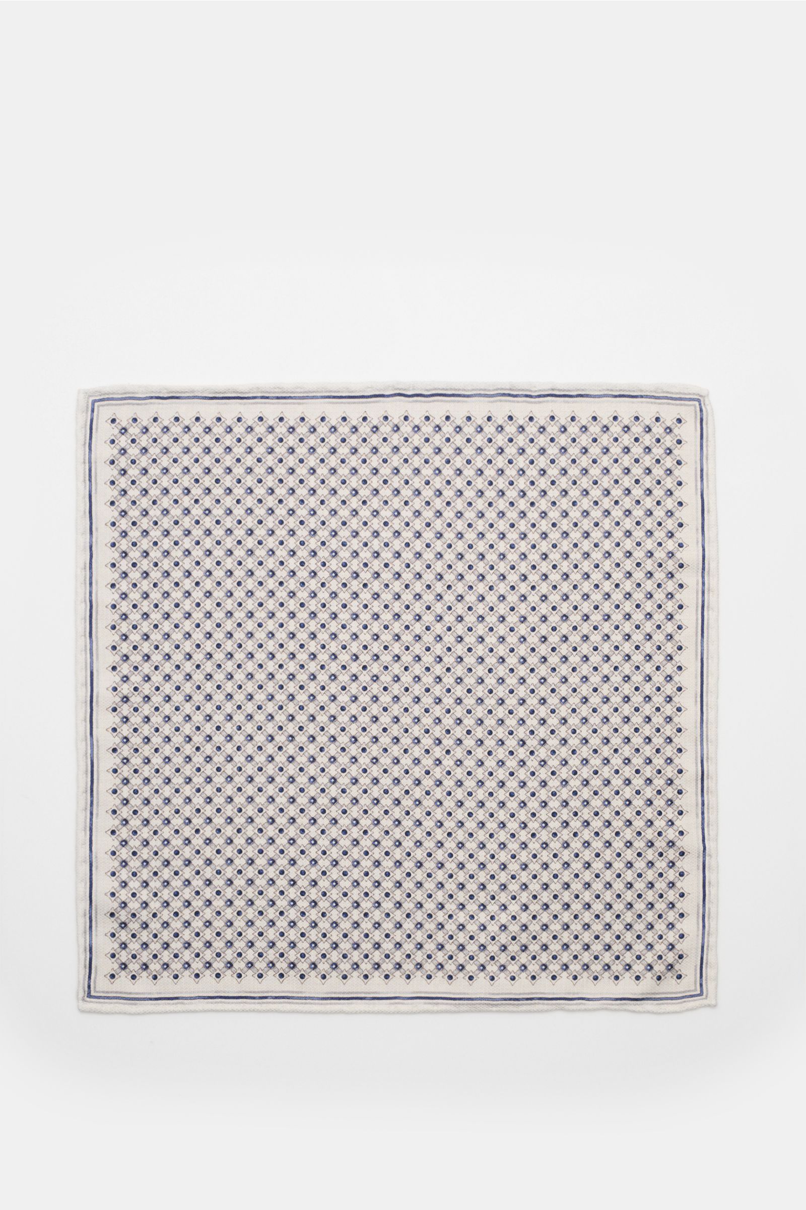 Brunello Cucinelli Seiden-Einstecktuch sand/navy/grau gemustert, quadratisch, reine Seide, grafischer Print, rollierte Kanten, flachliegend, Blick von oben.