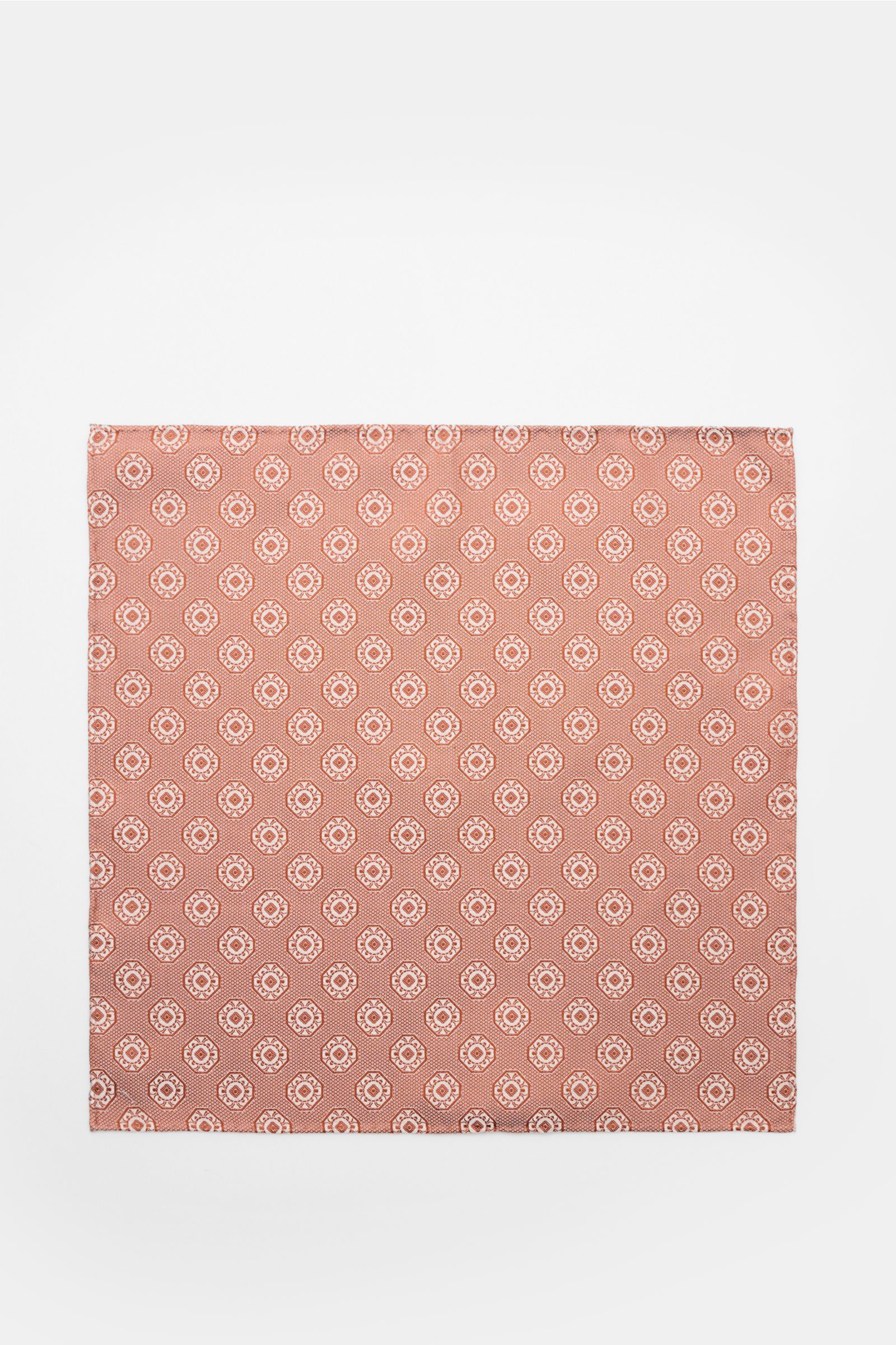 Top-down view of Brunello Cucinelli Silk pocket square rust brown/light grey patterned with a fine medallion weave for elegant smart-casual jackets.

Elegant accent: This silk pocket square by BRUNELLO CUCINELLI has a fine medallion weave pattern that 