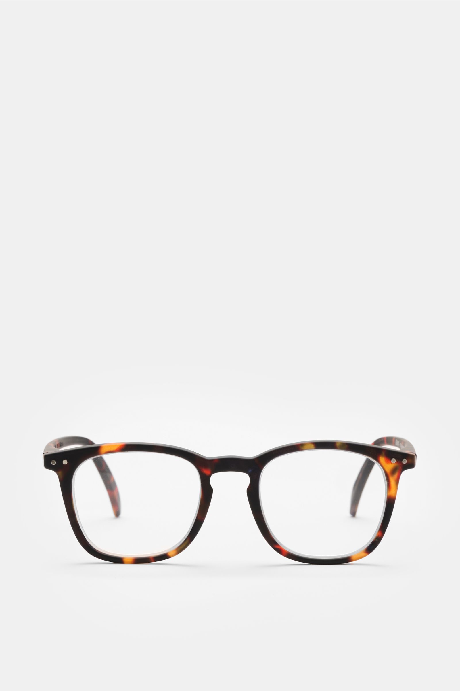 Front view of Izipizi Reading glasses '#E' brown patterned with a slightly square shape, soft-touch frame, plastic prescription lenses, and included felt case.