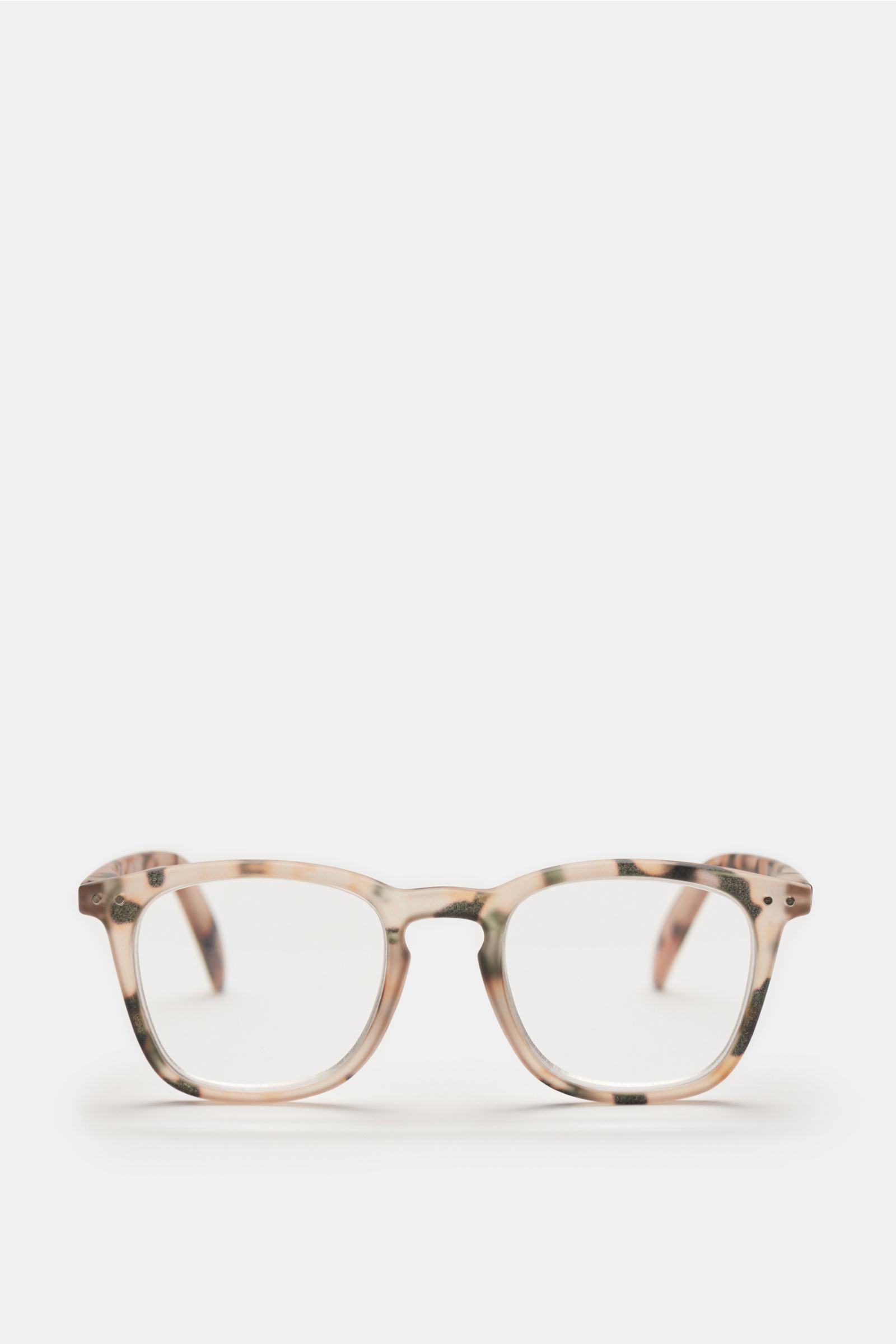 Front view of Izipizi Reading glasses '#E' beige/black with a slightly square shape, comfortable soft-touch frame, plastic prescription lenses, and felt case. A modern accessory with a useful function: This '#E' reading glasses model by the French label I
