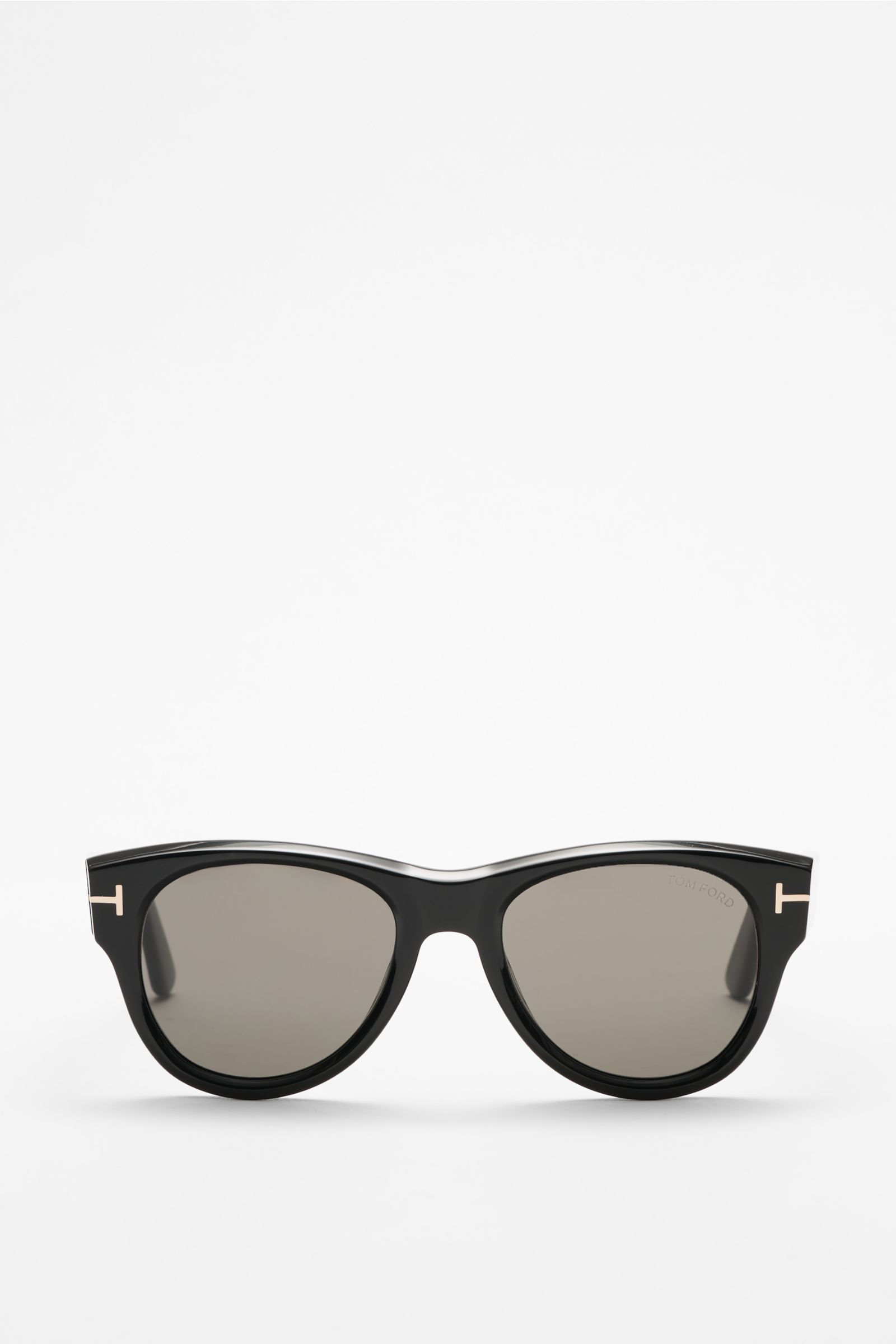 Front view of Tom Ford Sunglasses 'Burton' black with slightly rounded silhouette, acetate frame, evenly tinted plastic lenses, 100% UV protection, filter category 3; stylish all-rounder and ideal summer essential, velvet hard case included.