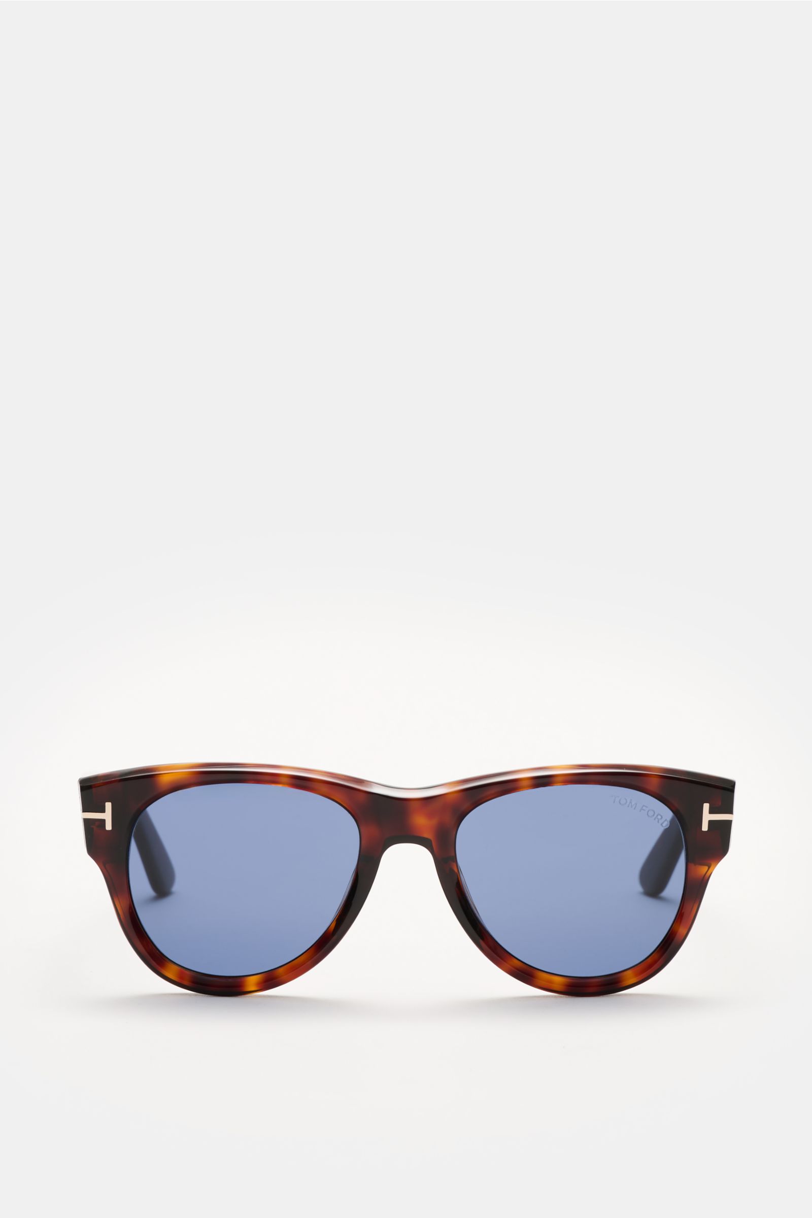 Front view of Tom Ford Sunglasses 'Burton' dark brown mottled acetate frame with slightly rounded silhouette, blue tinted lenses, 100% UV protection, filter category 3, including velvet hard case. Stylish all-rounder summer essential.