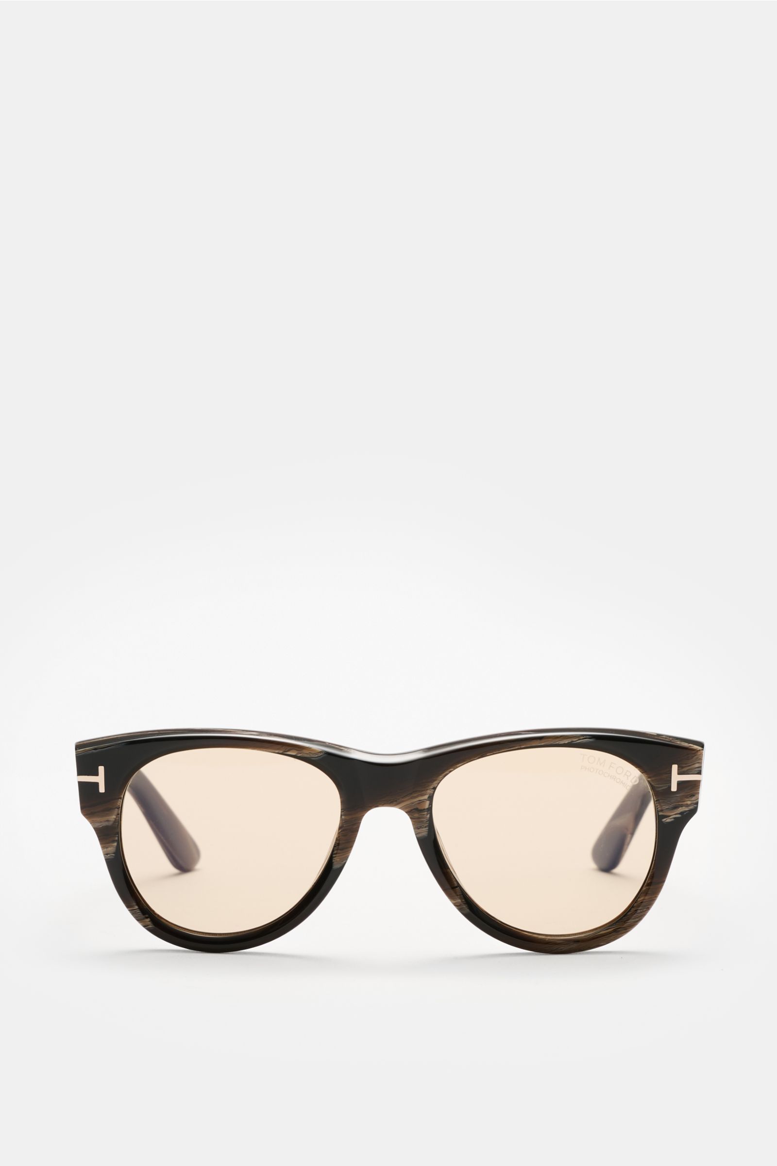 Front view of Tom Ford Sunglasses 'Burton' black/brown/beige patterned with slightly rounded silhouette, acetate frame, and photochromic lenses. Stylish all-rounder: With their timeless design, these sunglasses by TOM FORD are an ideal summer essential. S