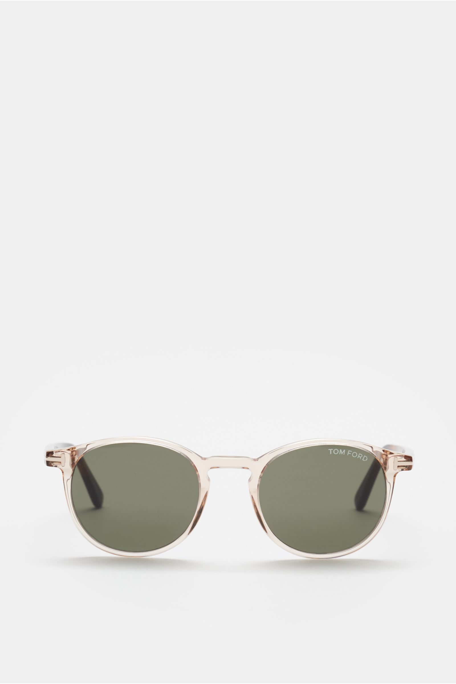 Tom Ford Sonnenbrille 'Andrea' beige/braun gemustert/grün, front view, round silhouette with transparent acetate frame, green plastic lenses, tortoiseshell temples.