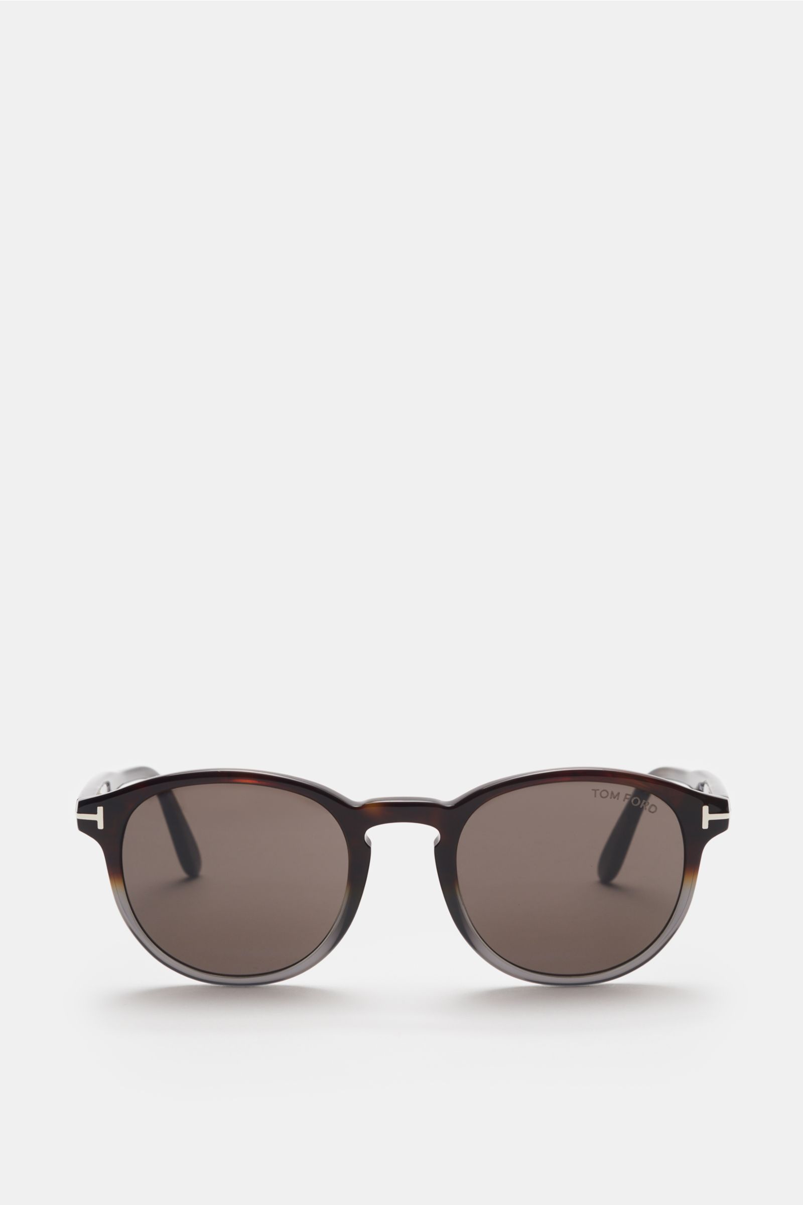 Tom Ford Sonnenbrille 'Dante' dunkelbraun in klassischer Panto-Form, Acetat-Rahmen, Filterkategorie 3, 100% UV-Schutz, frontal fotografiert.