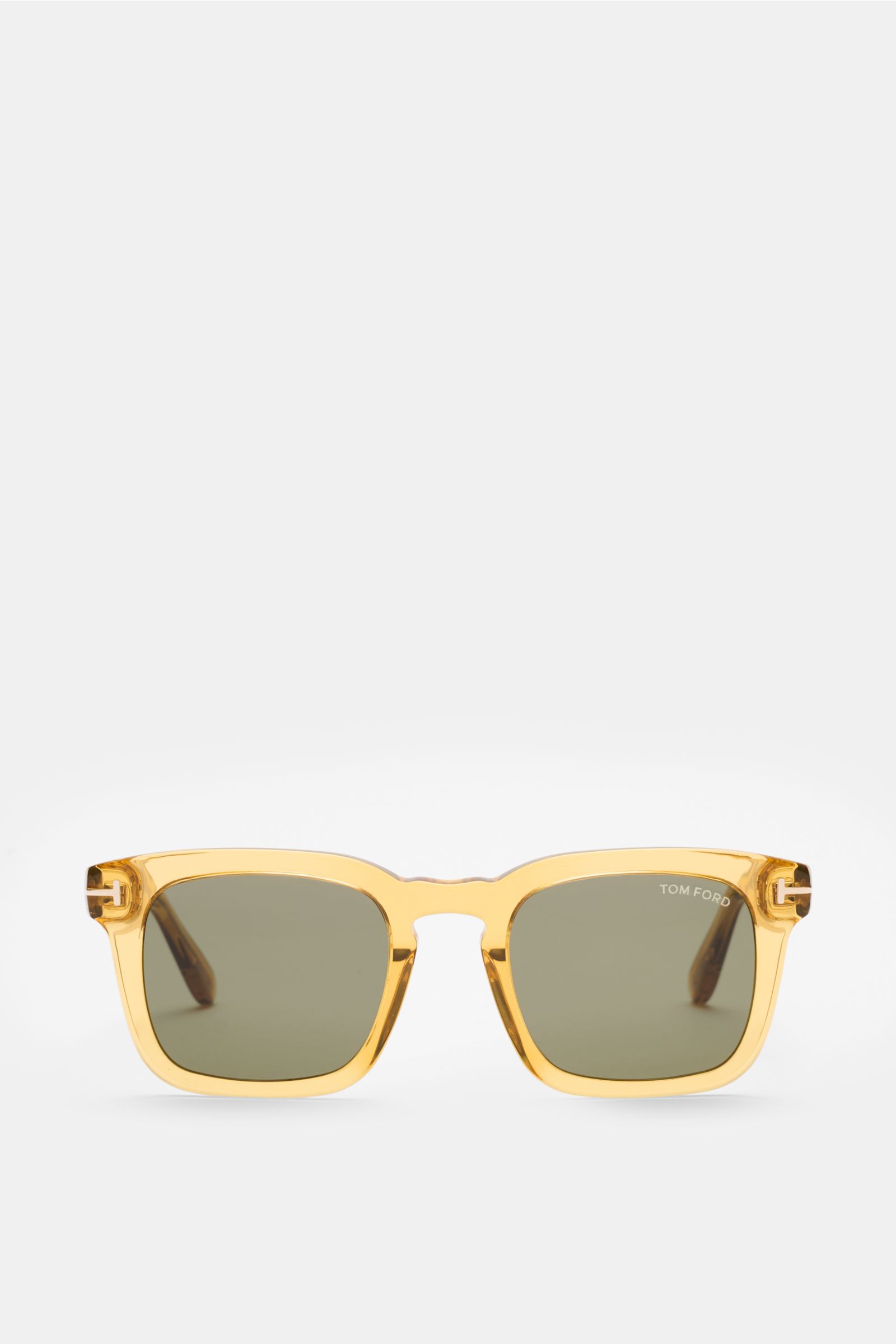Tom Ford Sonnenbrille 'Dax' gelb/grün, frontale Nahaufnahme, 1960er Herrenbrillen-Stil, eckiger Acetat-Rahmen, polarisierte Gläser, UV-Schutz.