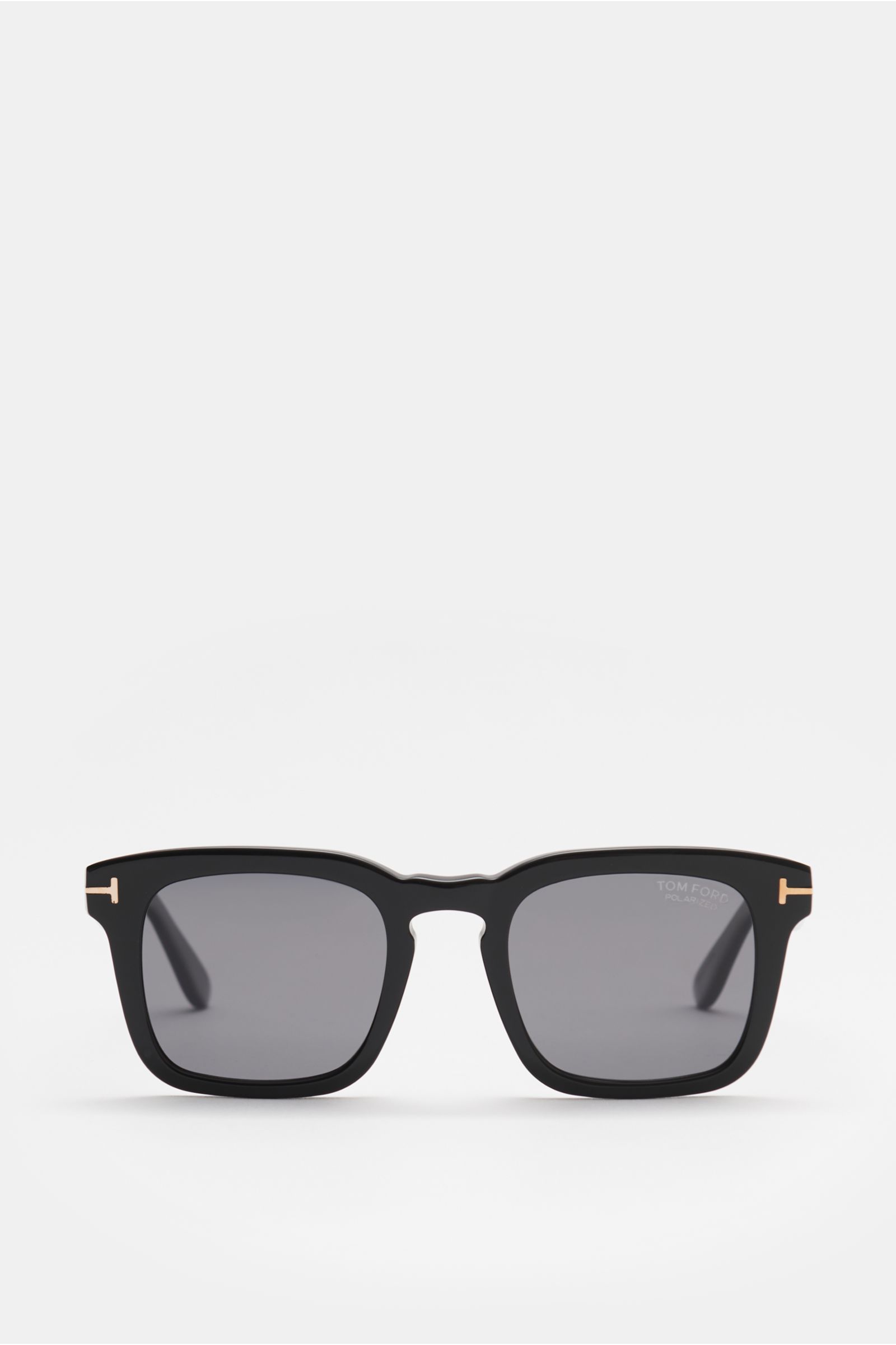 Tom Ford Sonnenbrille 'Dax' schwarz, leicht eckig, Acetat-Rahmen, polarisierte Gläser, 100% UV-Schutz, frontal fotografiert, 14,5 cm breit.