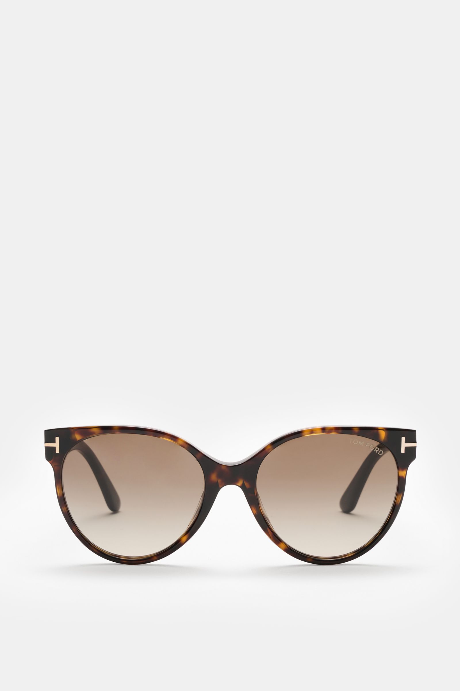 Front view of Tom Ford Sunglasses 'Tallulah' dark brown mottled with classic papillon style, gradient plastic lenses, acetate frame, and 100% UV protection. Stylish all-rounder for summer looks, includes velvet hard case.