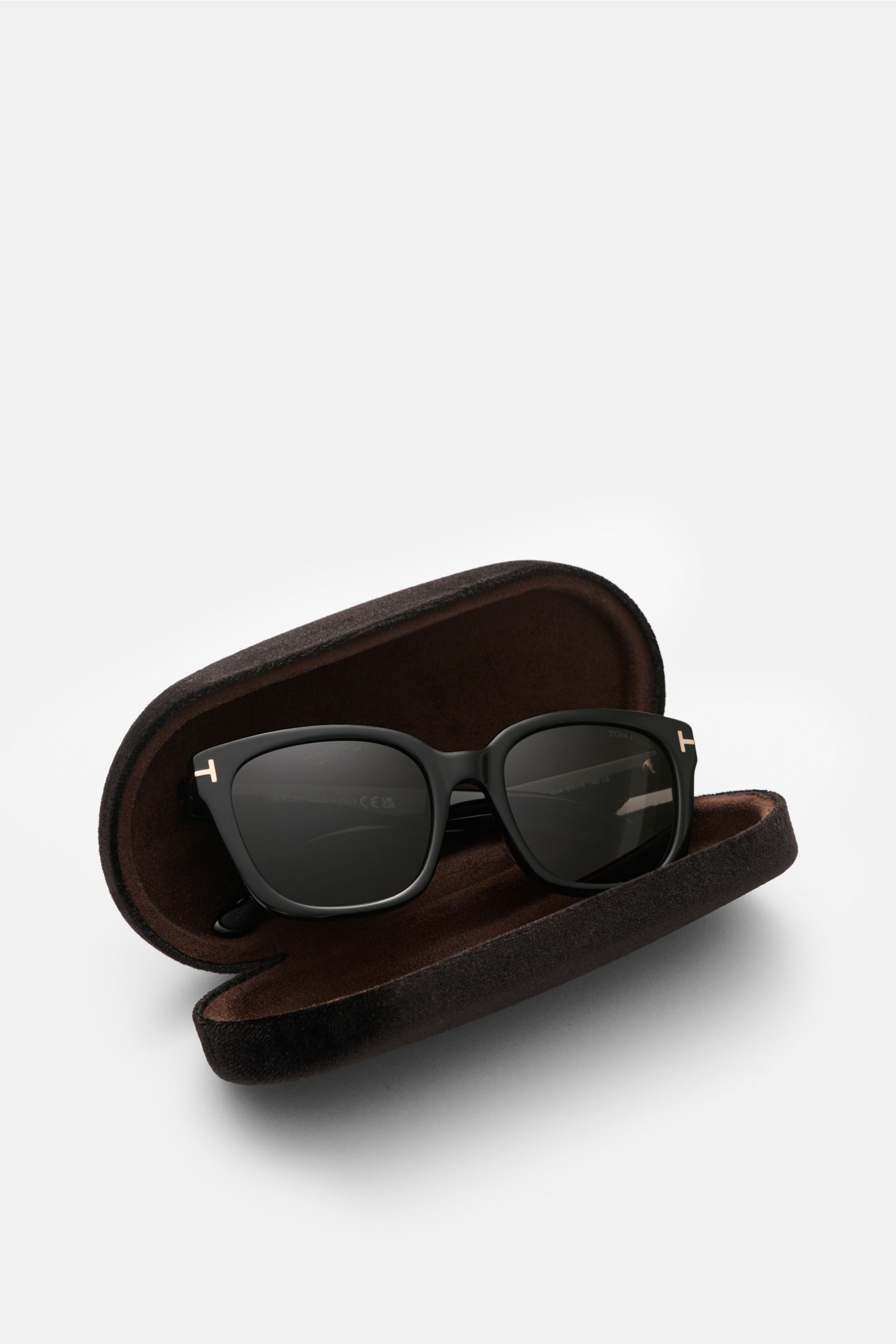 Tom Ford Sonnenbrille 'Haylay' schwarz im Wayfarer-Stil mit getönten Kunststoffgläsern, Acetat-Rahmen, im offenen Samt-Hartschalenetui, Frontansicht.