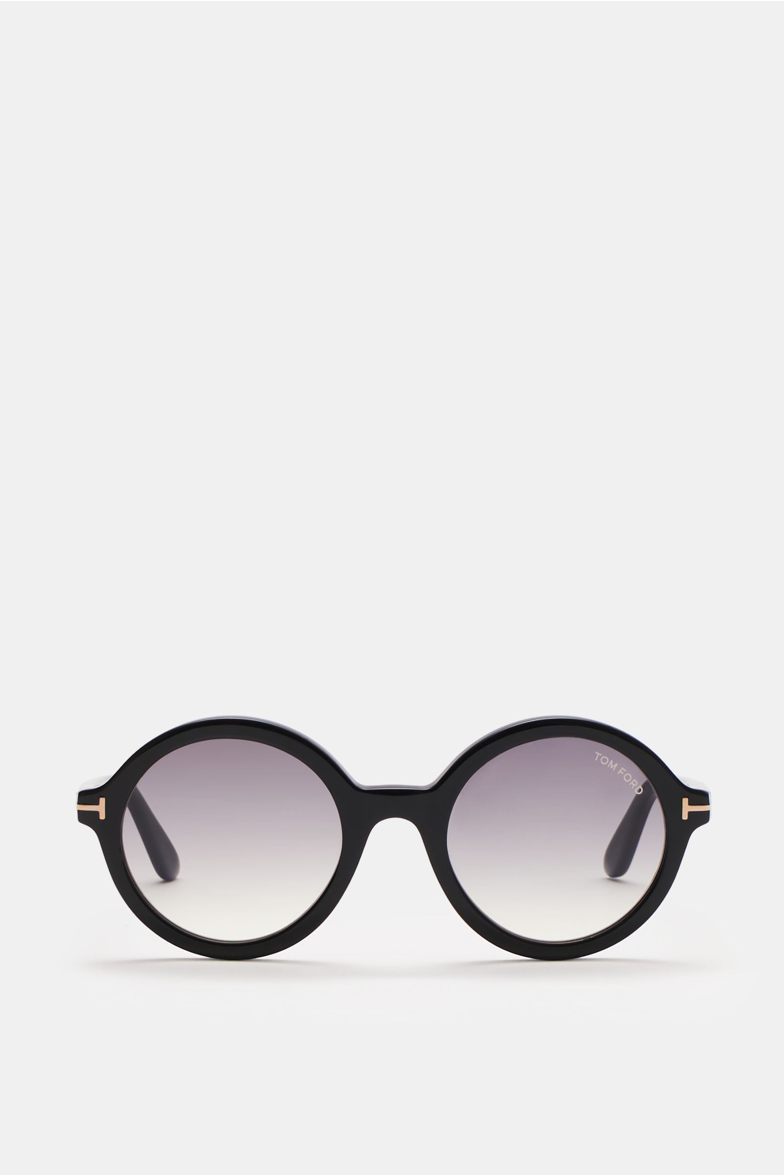 Front view of Tom Ford Sunglasses 'Nicolet' black/grey with round tinted plastic lenses, thick tortoiseshell acetate frame, and signature ‘T’ detail, 100% UV protection, filter category 3, velvet case included. 

Description: 
The 'Nicolette' sunglasse