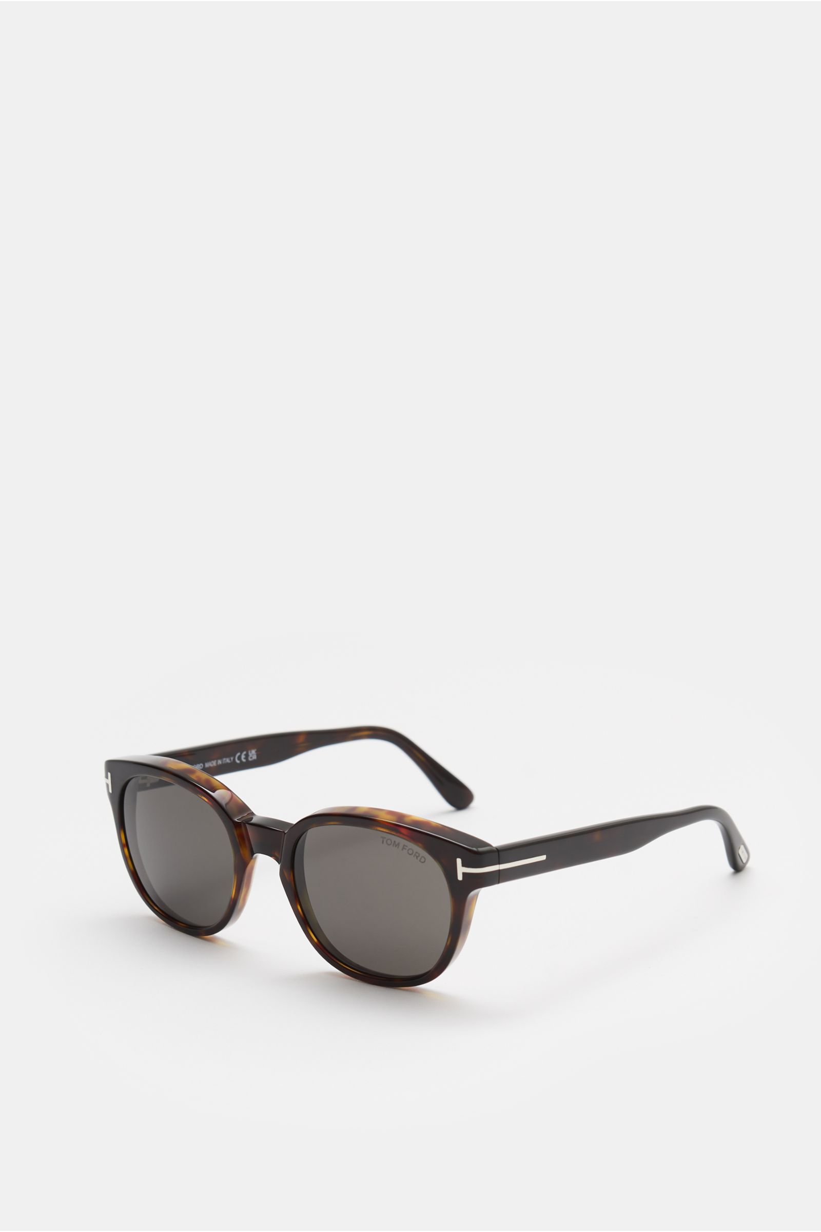 Tom Ford Sonnenbrille 'Mert' dunkelbraun meliert, leicht gerundet, melierter Acetat-Rahmen, getönte Gläser, seitliche Perspektive, mit UV-Schutz.