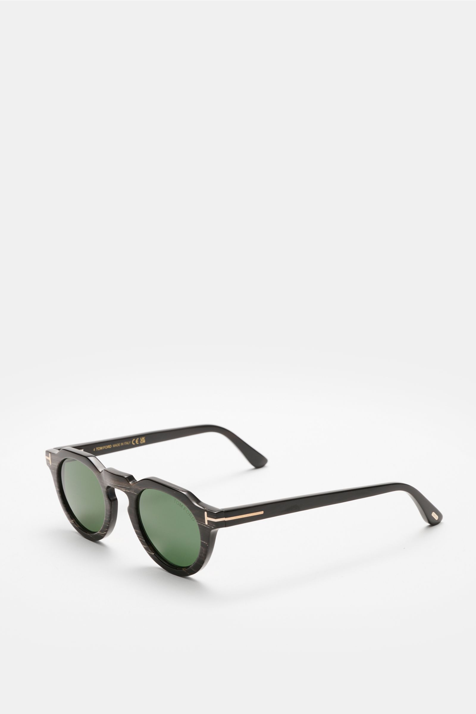 Tom Ford Horn-Sonnenbrille 'Private Collection' schwarz/grau/weiß gemustert, runder Retro-Look, Büffelhornrahmen, grüne Gläser, T-Detail, seitliche Perspektive.