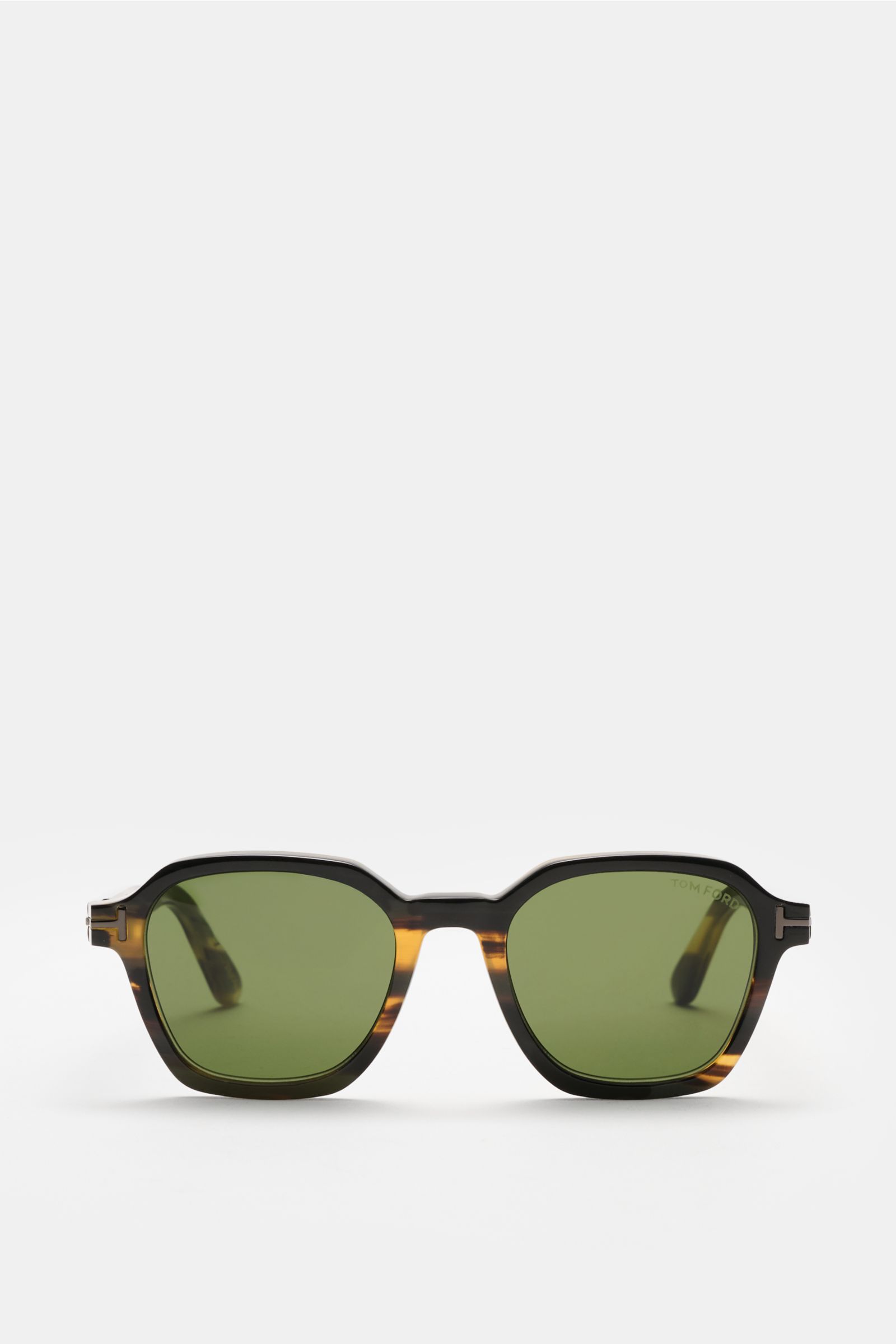 Front view of Tom Ford Horn-Sonnenbrille 'Private Collection' schwarz/grau/sand gemustert with lightly angular buffalo horn frame, green tinted lenses, and 'T' detail.

Description: Die luxuriöse 'Private Collection' von TOM FORD besteht ausschließlich
