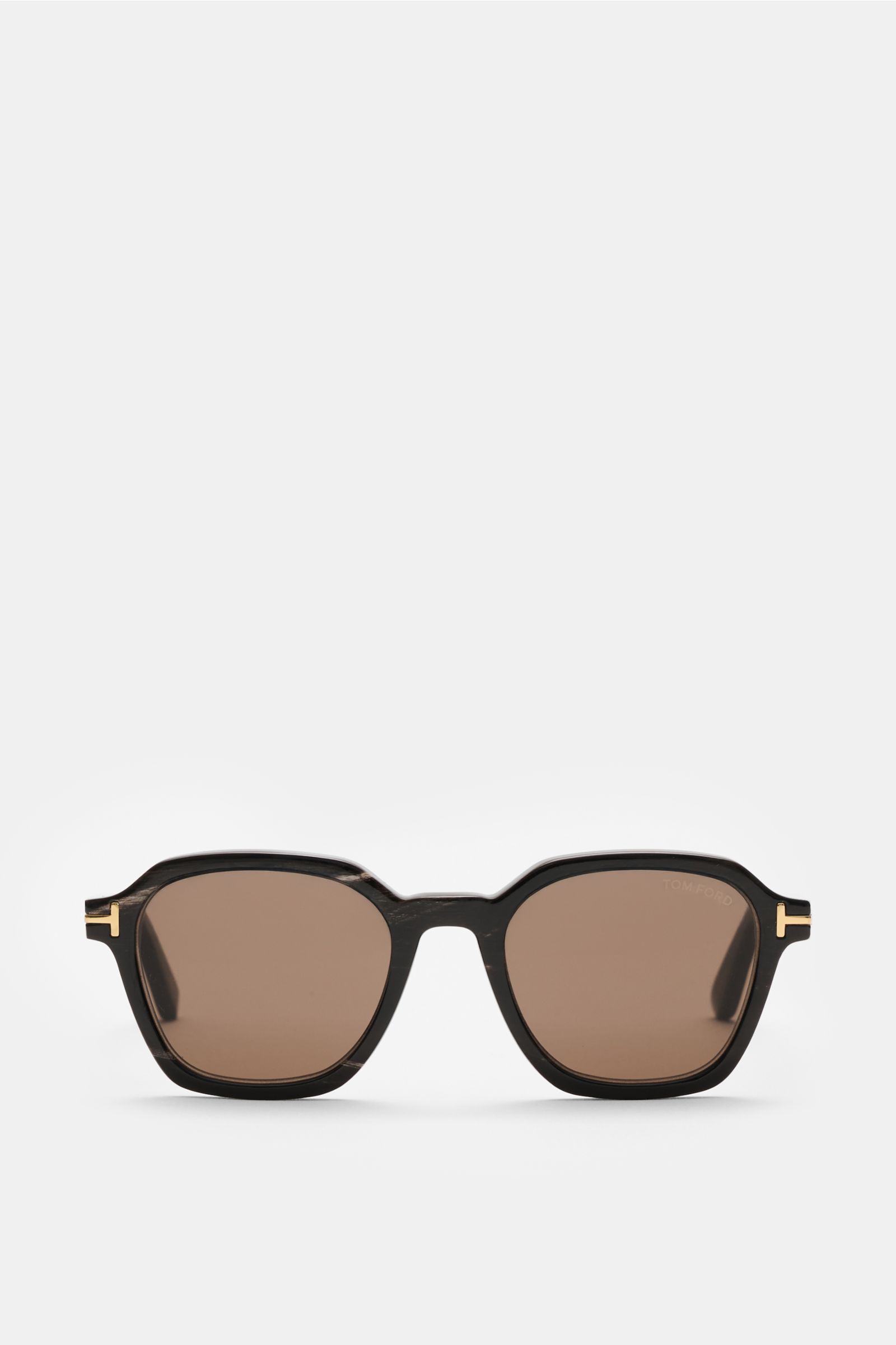 Tom Ford Horn-Sonnenbrille 'Private Collection' dunkelbraun gemustert, leicht eckig, Büffelhornrahmen, T-Detail, Frontansicht, braune Kunststoffgläser.