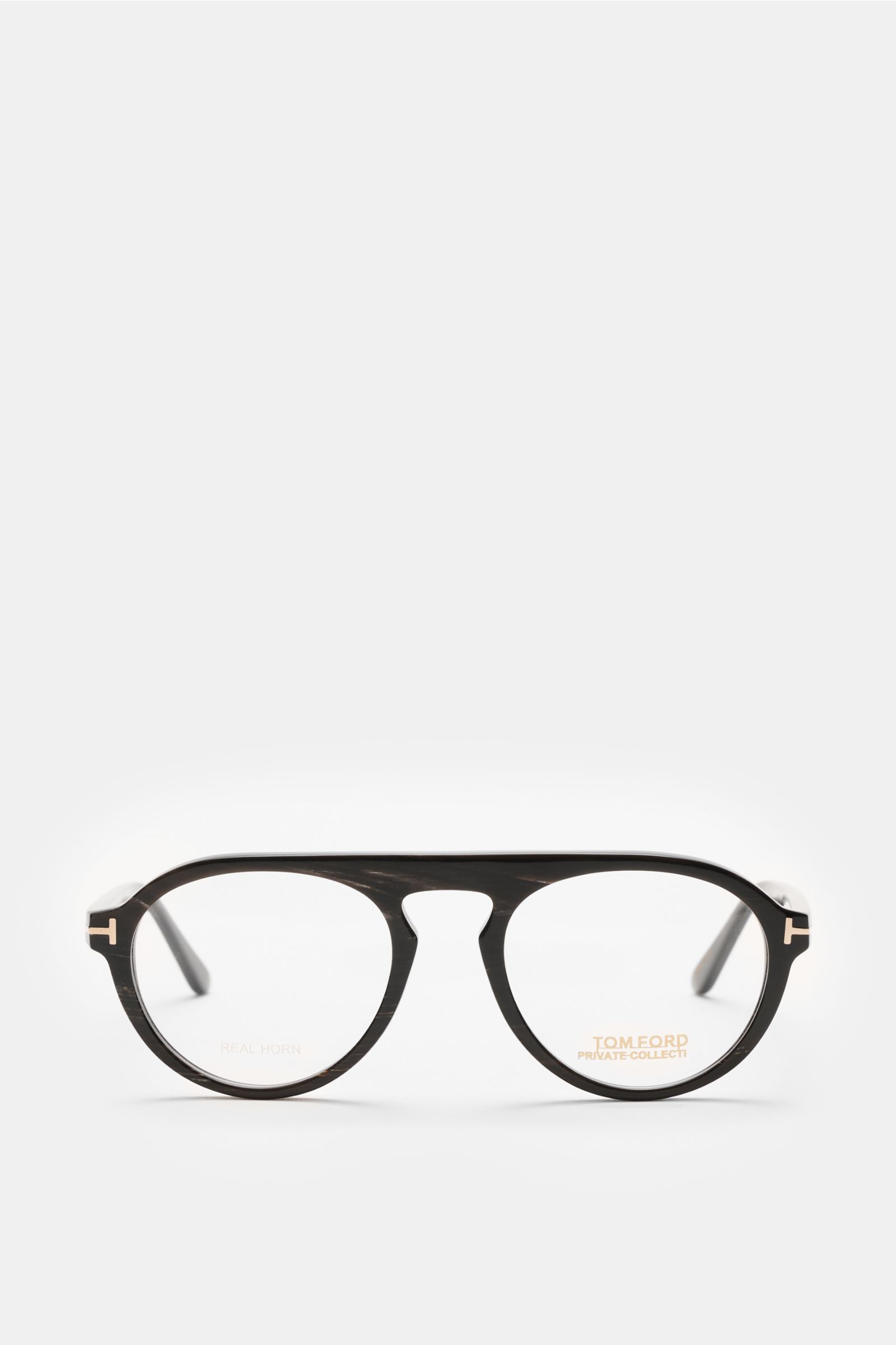 Front view of Tom Ford Horn Brille 'Private Collection' schwarz/grau/weiß gemustert with round shape, real buffalo horn frame, blue light filter lenses, T-shaped details. Stylish retro eyewear, includes leather hard case, horn polish set, and cleaning clo