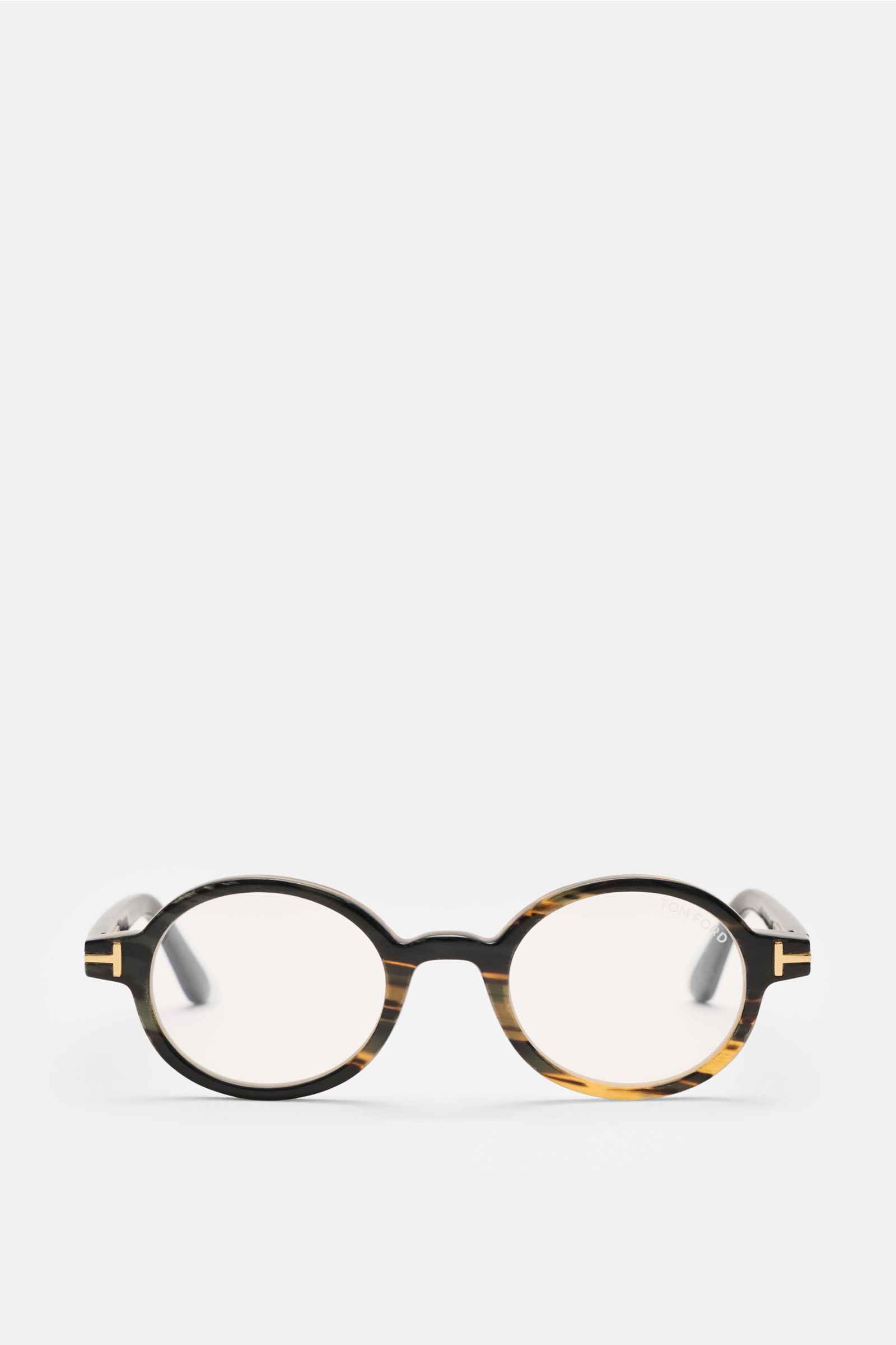 Tom Ford Horn Brille 'Private Collection' schwarz/grau/hellbraun gemustert, runde Form, Hornrahmen, Blaulichtfilter, frontal fotografiert.