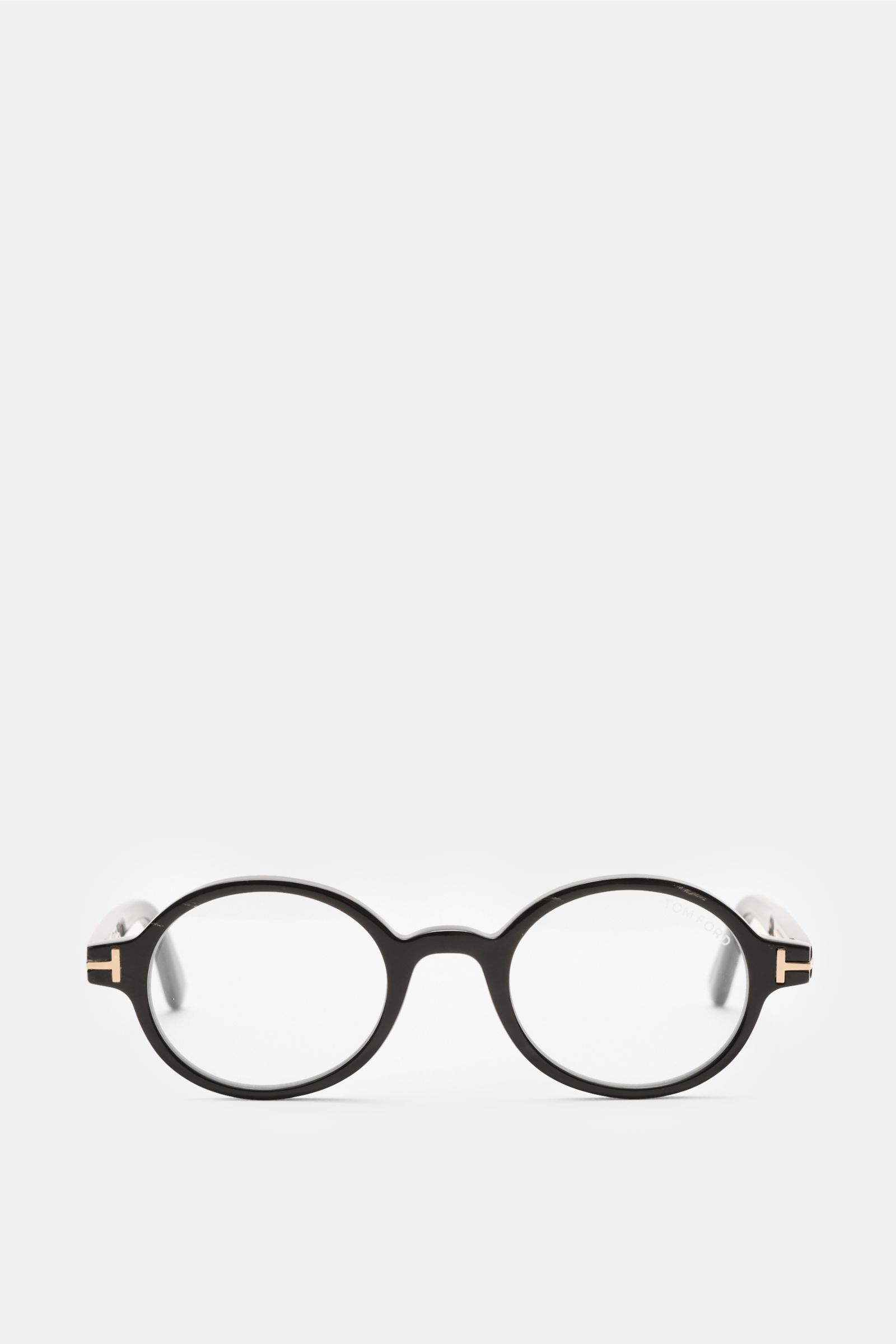 Tom Ford Horn Brille 'Private Collection' schwarz/grau gemustert, runde Form, Hornrahmen, Blaulichtfilter, T-Form Details, frontal fotografiert.